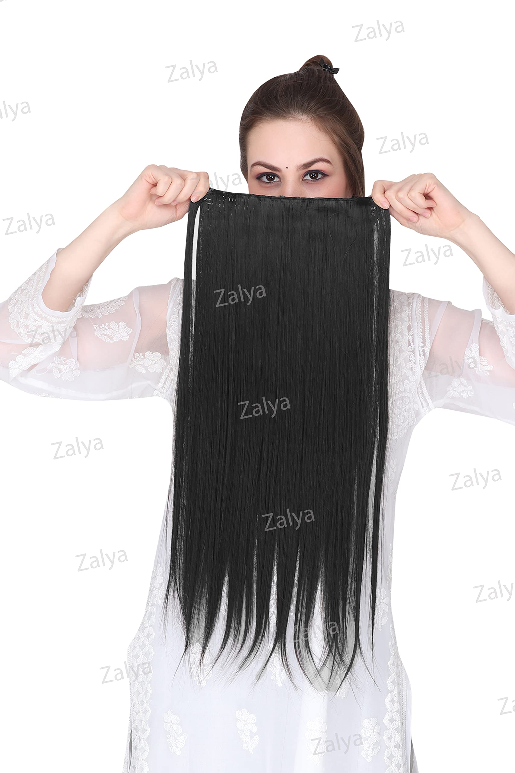ZALYA 24-Inch Black Straight Clip In Hair Extensions - 5 Clips Synthetic Hair Weft (120g) for Instant Volume & Length - Easy Secure Installation - Perfect for Parties, Weddings & Everyday Glamorous Hairstyles