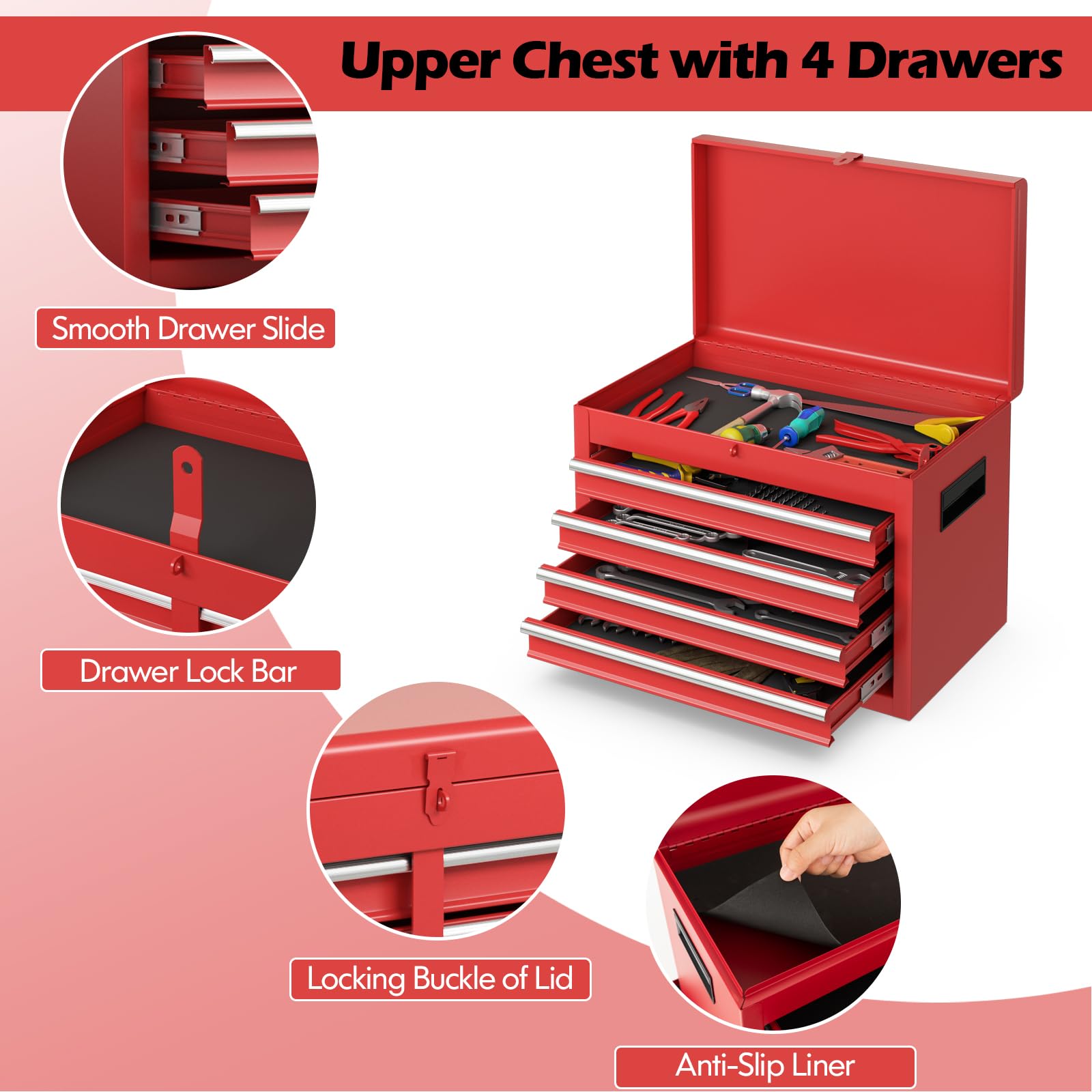Happytools 5-Drawer Rolling Tool Chest - 2 in 1 Detachable Lockable Metal Tool Storage Cabinet with 4 Universal Wheels & Hooks | Heavy Duty Tool Box Organizer for Workshop, Garage, Repair Shop & Home Use | Perfect for DIY Projects, Auto Repair & Tool Organization (Red)