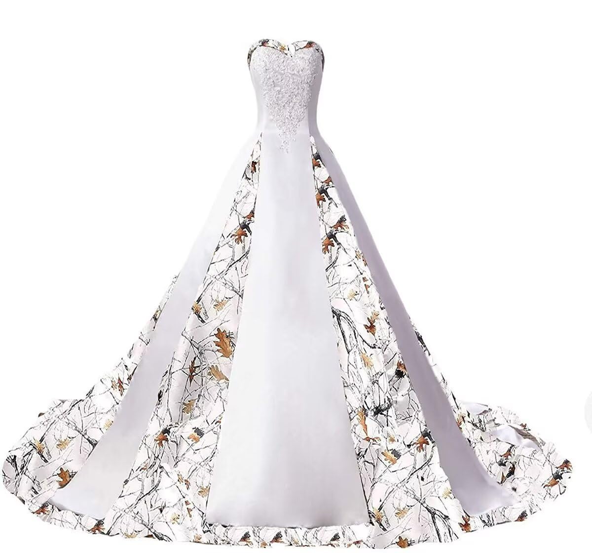 ZVOCY Women's Camouflage Wedding Dress - Satin Camo Long Formal Gown for Bride in White | Perfect for Outdoor, Military-Themed & Unique Weddings