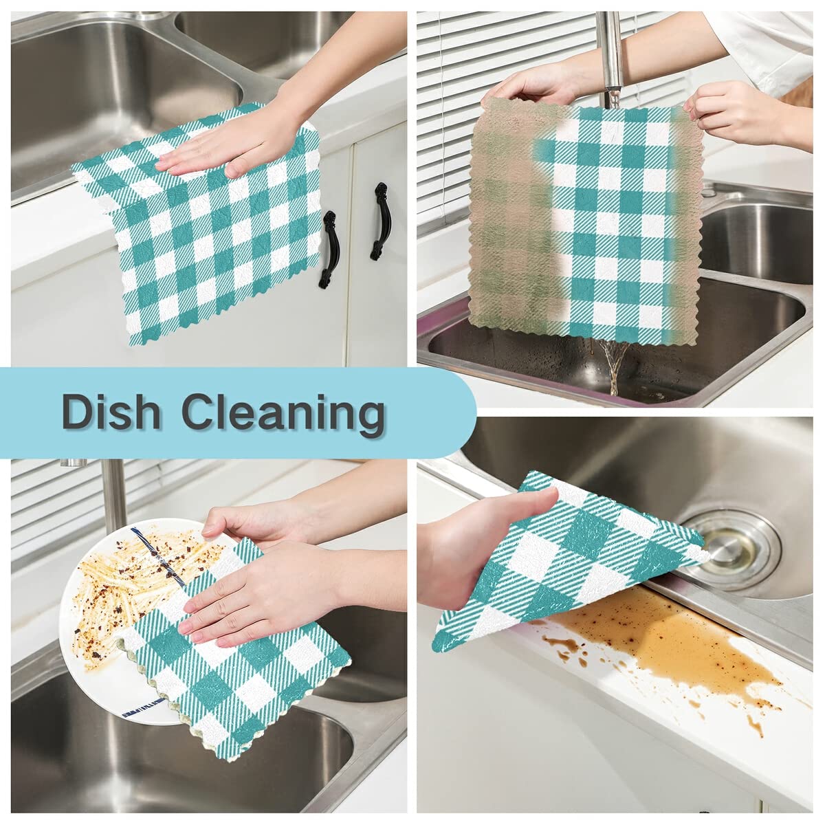 DOMIKING 6-Pack Reusable Absorbent Kitchen Towels - Teal Buffalo Plaid Dish Cloths, Hand Towels & Cleaning Rags for Dishes, Countertops & Household Chores (Eco-Friendly Kitchen Accessories)