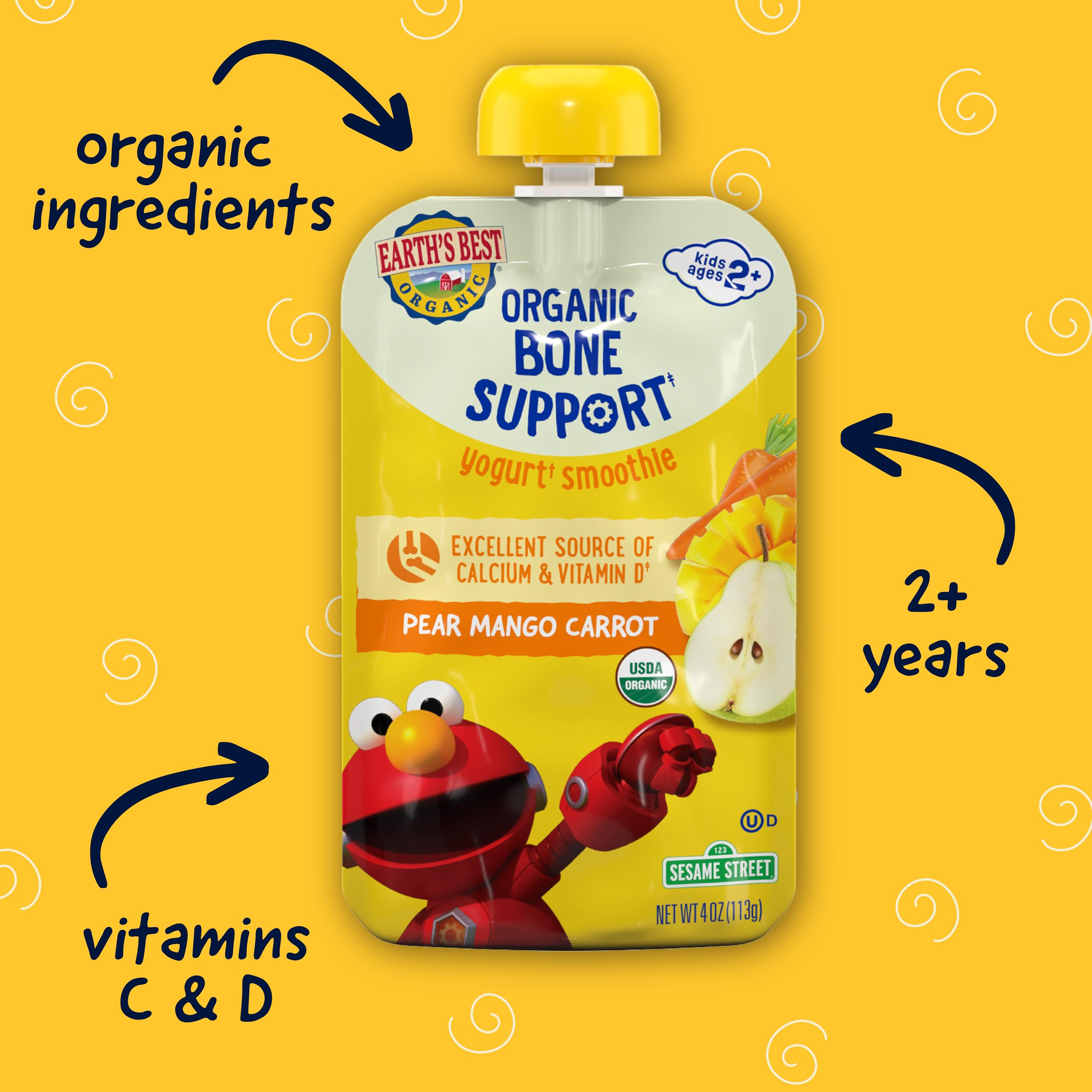 Organic Sesame Street Toddler Snacks - Earth's Best Fruit & Veggie Smoothie for Kids 2+ Years | Pear Mango Carrot Flavor | Bone Support Nutrition | 4oz Packs (12 Count) | Perfect for Lunchboxes, Daycare & On-the-Go Healthy Snacking