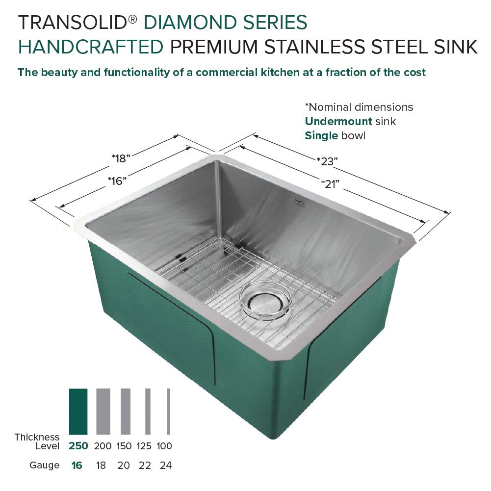 Transolid KKM-DUSB231810 23x18 Inch Stainless Steel Single Bowl Undermount Kitchen Sink with Accessories Kit - Durable & Stylish for Modern Kitchens, Easy Cleaning & Food Prep