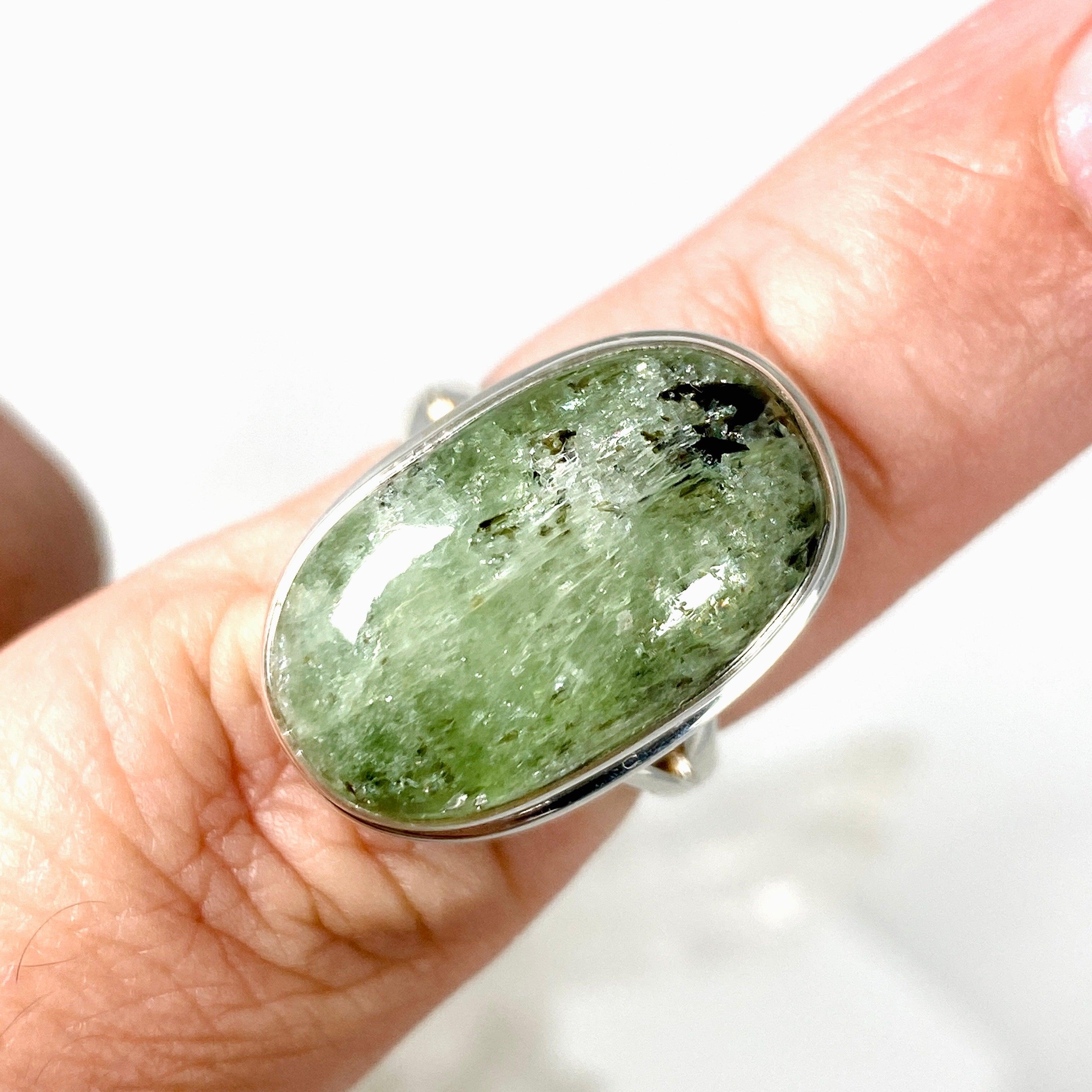 Natural Green Kyanite Oval Ring Size 7 - Handmade Sterling Silver Jewelry for Women - Perfect for Meditation, Healing & Spiritual Practices