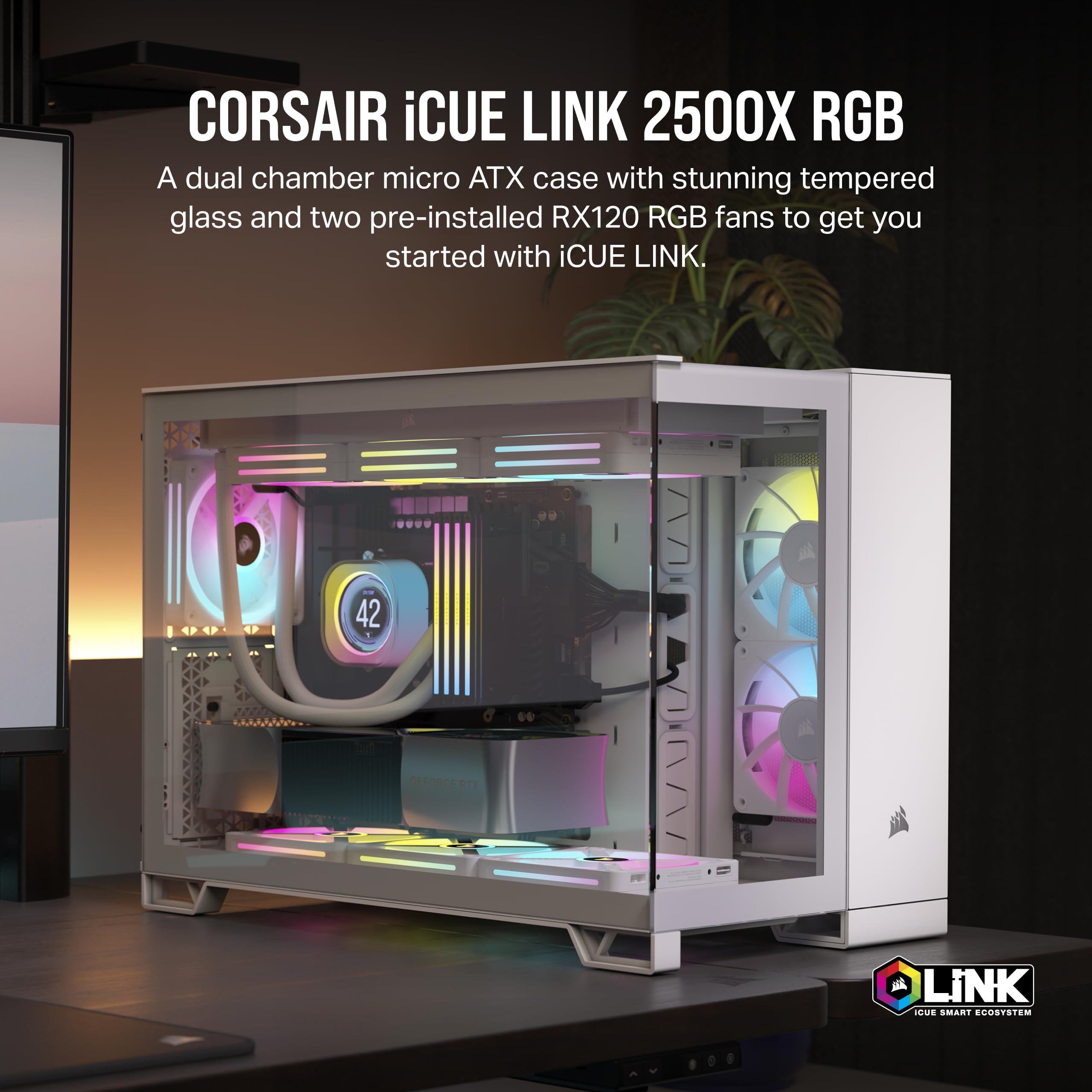 CORSAIR iCUE Link 2500X RGB White Small-Tower mATX PC Case - Dual Chamber Design, Panoramic Tempered Glass, Reverse Connection Motherboard Compatible - Includes 2X CORSAIR RX120 RGB Fans - Perfect for Gaming Rigs & High-Performance PC Builds
