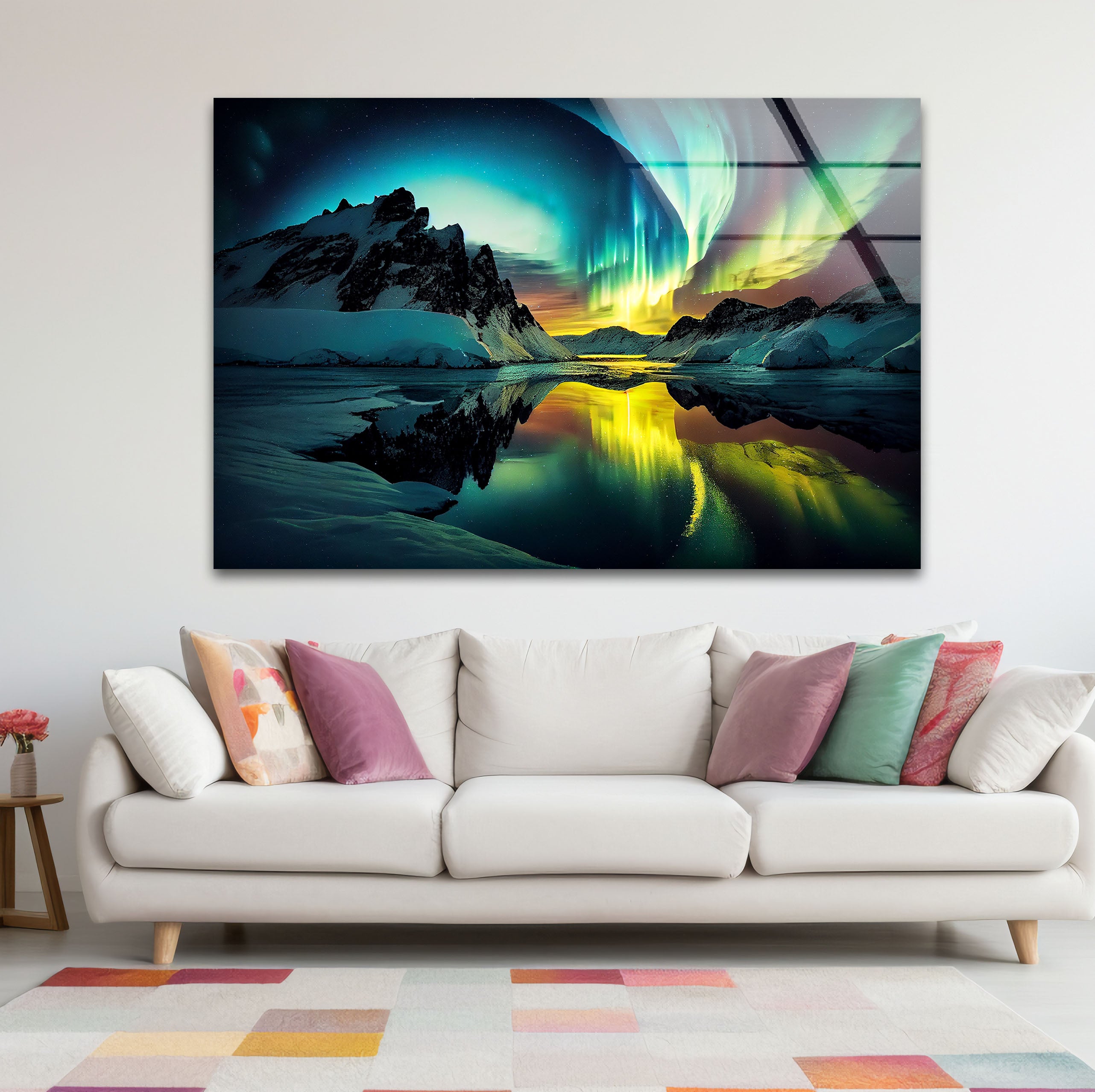 Aurora Borealis Glass Wall Art – Stunning Northern Lights Over Arctic Mountains – Perfect for Living Room, Bedroom & Office Decor