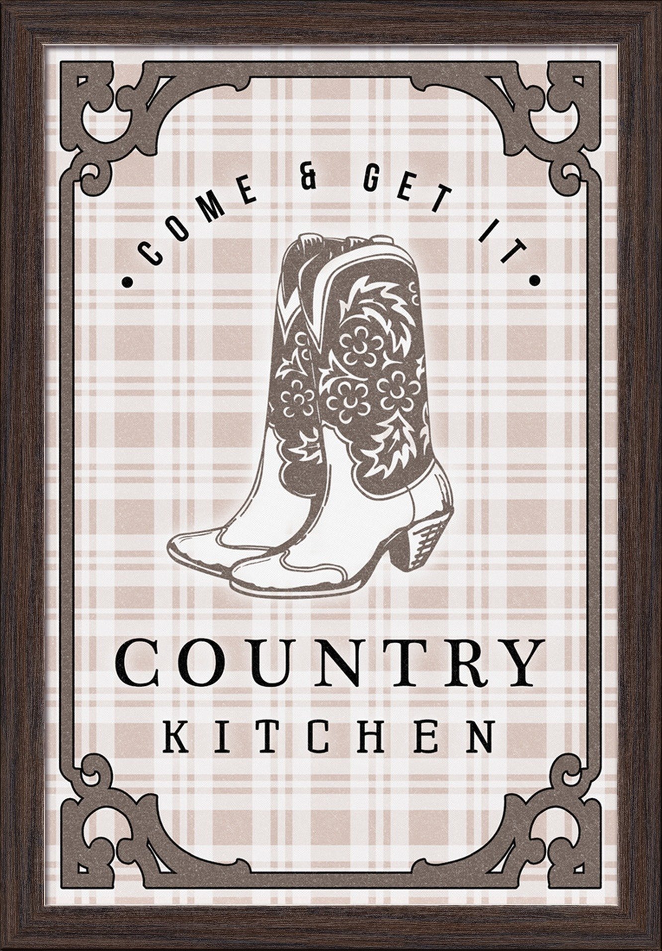 Country Kitchen Cowboy Boots on Plaid - 16x24 Inch Giclee Fine Art Print with Recycled Wood Frame in Espresso Brown - Perfect for Western Home Decor, Ranch Style Living Room & Rustic Kitchen Wall Art