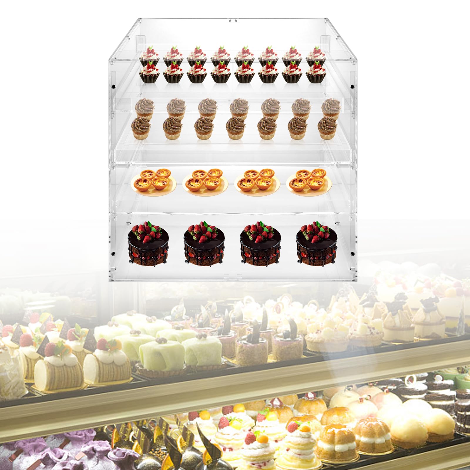3-Tier Acrylic Pastry Display Case with Rear Doors - Clear Commercial Bakery Countertop Showcase for Baked Goods, Donuts, Bagels, Bread & Snacks - Perfect for Bakeries, Cafés, Dessert Shops & Retail Stores