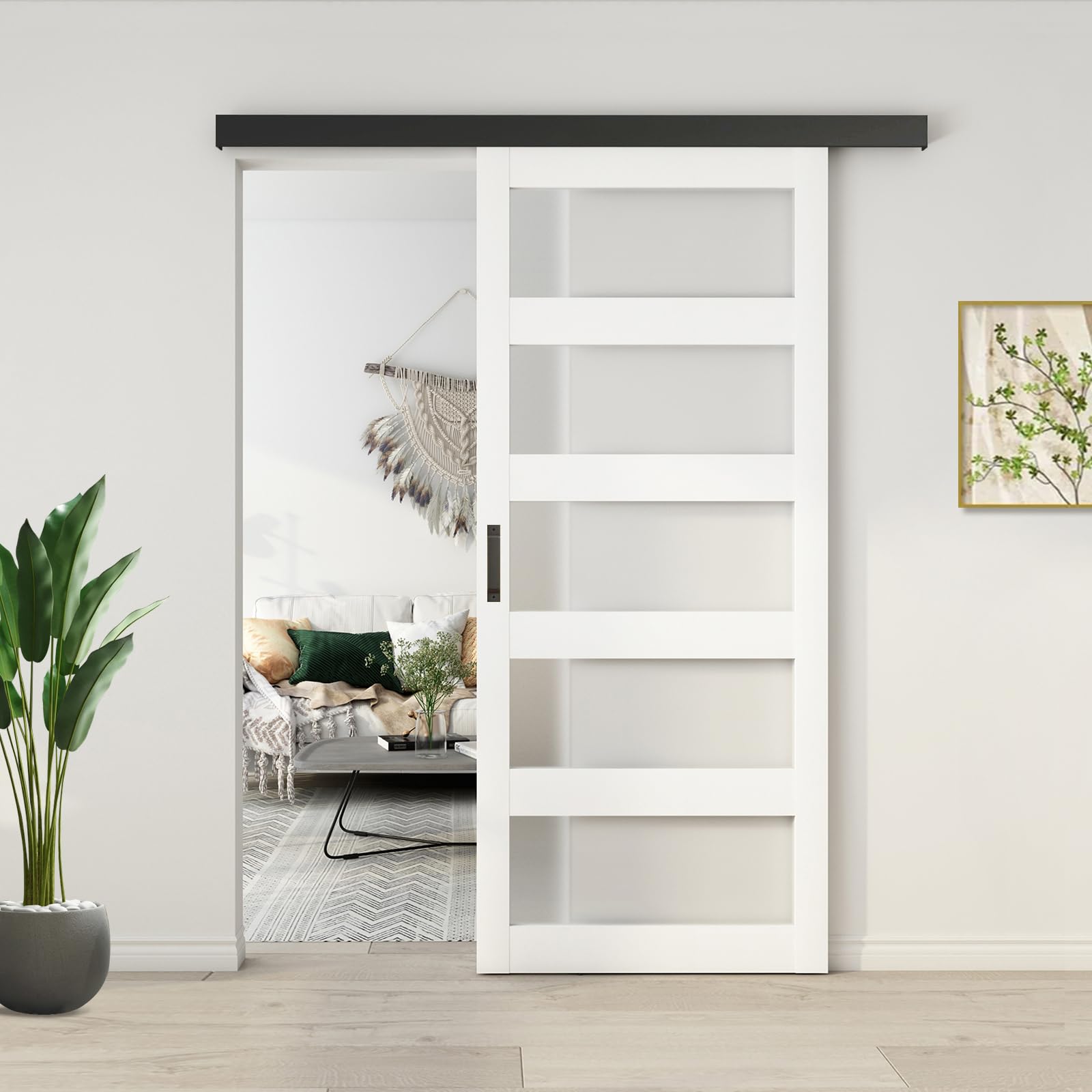 36in x 84in Frosted Glass Barn Door with Sliding Hardware Kit - 5-Panel White Frosted Glass, Black Box Rail, Waterproof PVC Surface - Easy Assembly for Bedroom, Closet, or Office Partition