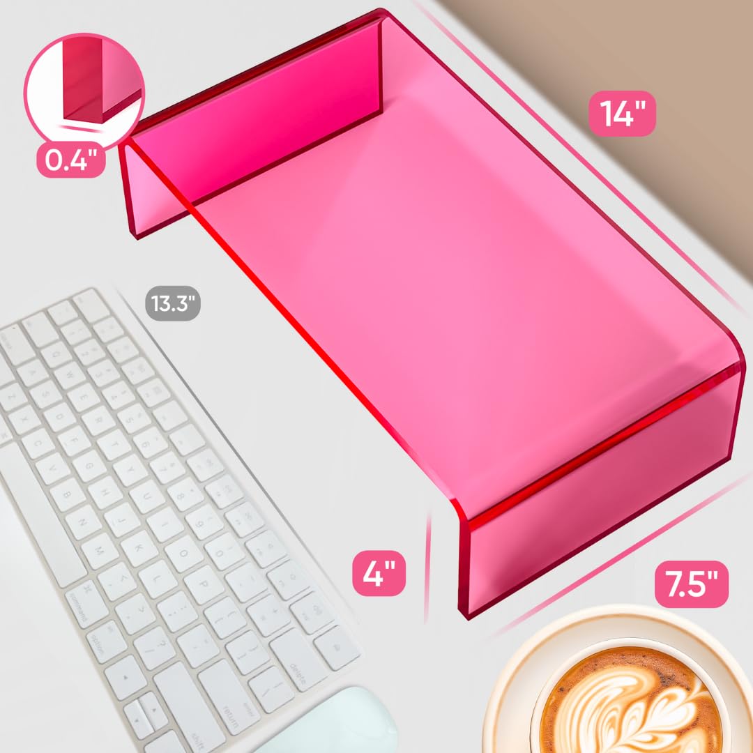 NovaMode Acrylic Monitor Stand - Ergonomic Laptop & Computer Riser for Better Posture, Modern Desk Organizer with Storage Space - Bright Pink - Perfect for Home Office, Gaming Setup & Workspace Organization