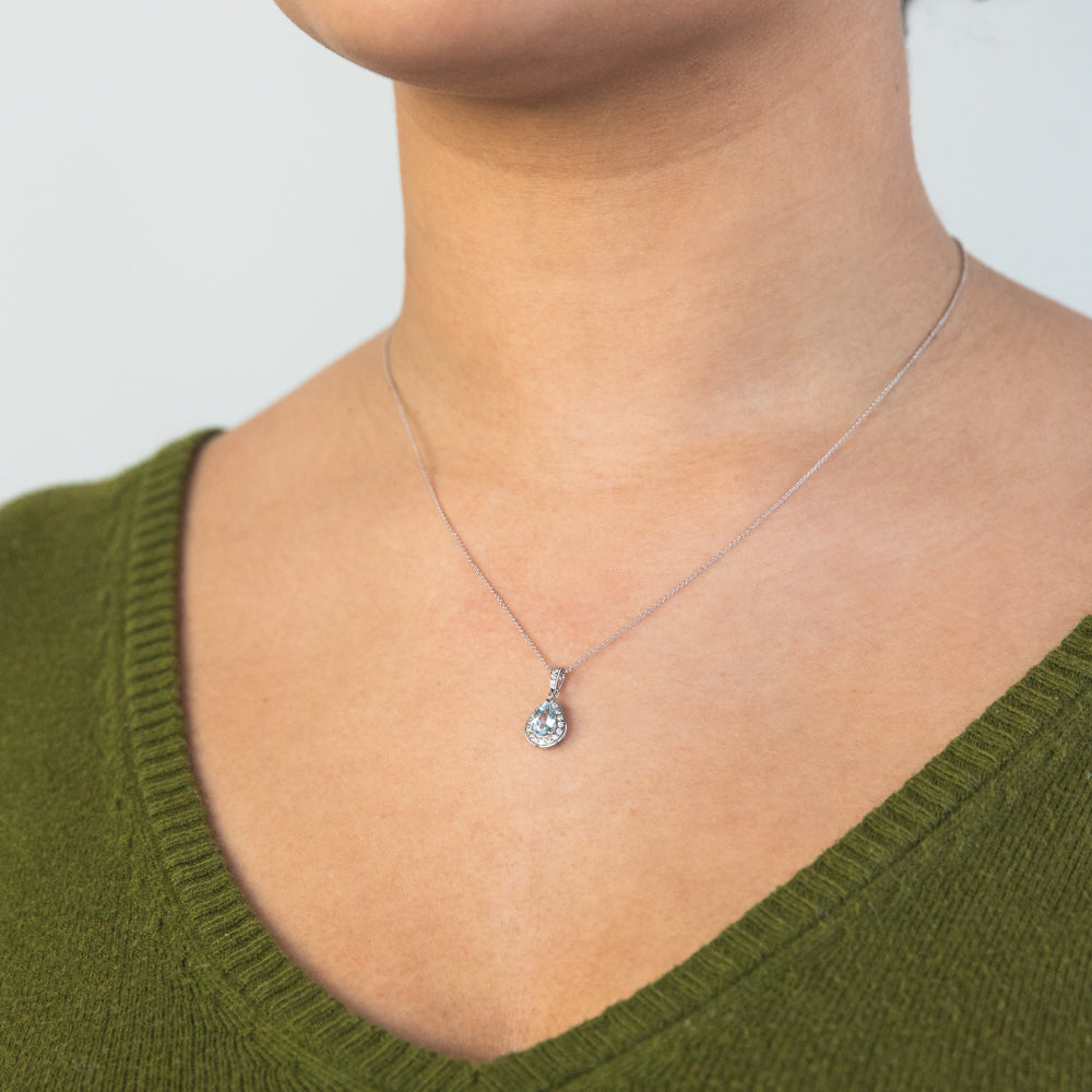 9ct White Gold 0.65ct Aquamarine & 0.15ct Diamond Pear Pendant Necklace - 45cm Chain for Women, Elegant Jewelry Gift for Birthday, Anniversary & Special Occasions