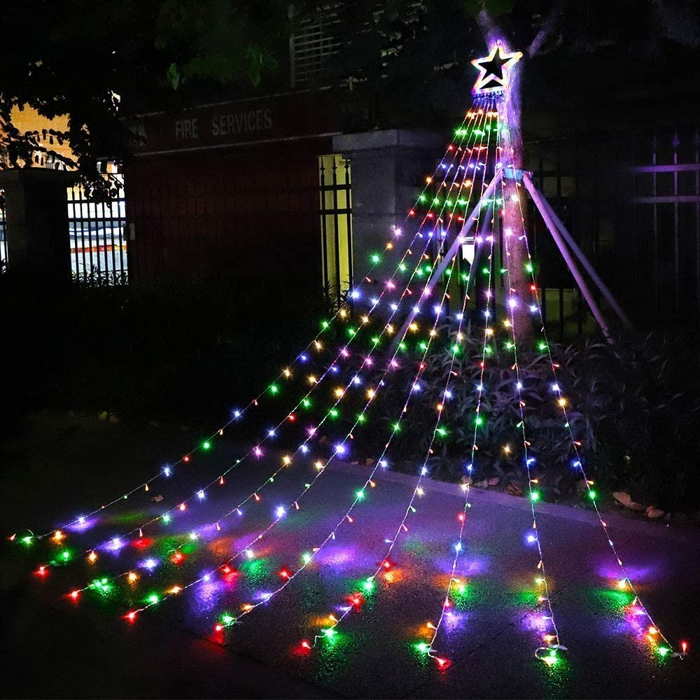 317 LED 11.5ft Waterfall Christmas Tree Lights - Outdoor/Indoor Star String Lights with 8 Lighting Modes & Timer | Perfect for Yard Decorations, Holiday Parties, and Festive Home Decor