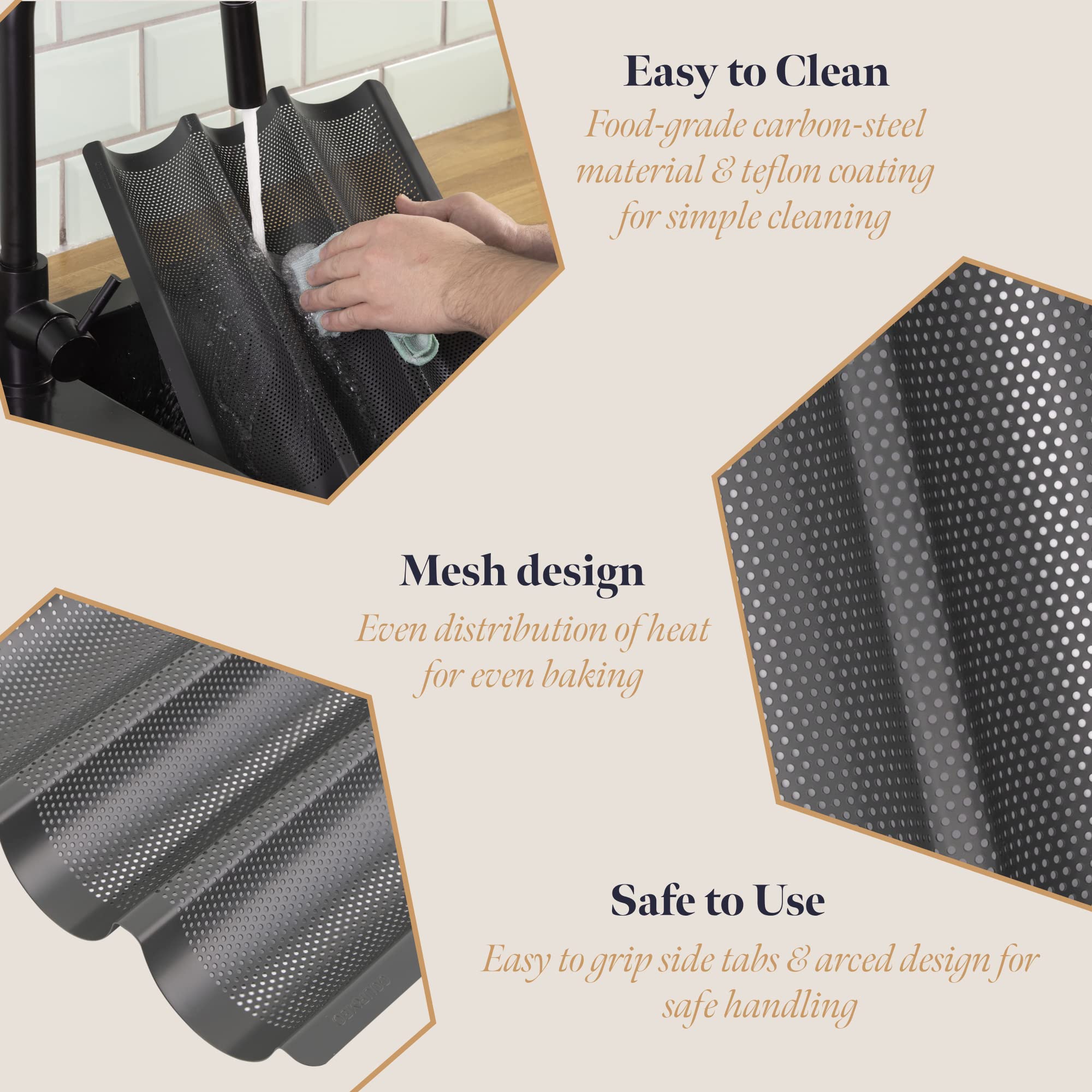 Non-Stick Perforated Baguette Baking Pan - French Bread Loaf Tray for 3 Perfect Baguettes - Premium Baking Supplies for Home & Professional Bakers - Ideal for French Bread, Sandwiches & Dinner Rolls