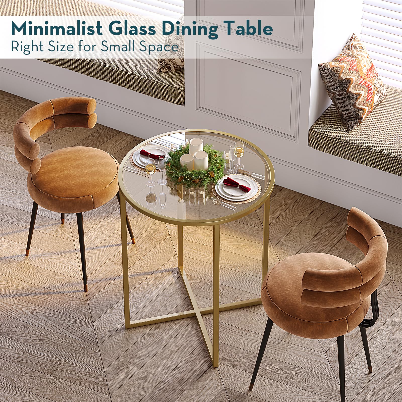 SAYGOER 26.7'' Round Glass Dining Table - Modern Small Kitchen Table for 2, Space Saving Design with Gold Frame, Easy Assembly | Perfect for Breakfast Nook, Small Apartments & Cozy Dining Spaces