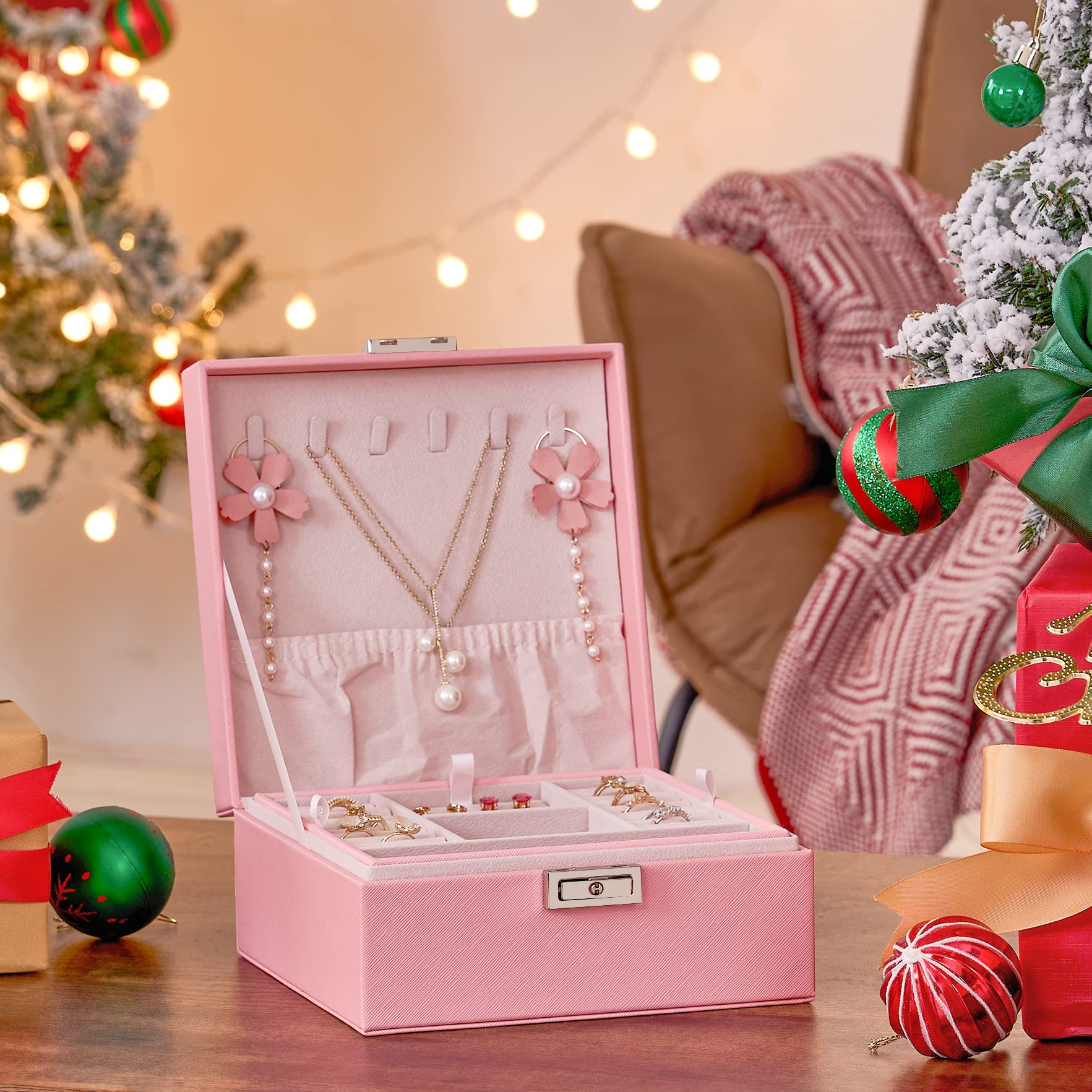 BEWISHOME Pink Jewelry Organizer Box with Removable Tray - Elegant Jewelry Storage Case for Necklaces, Earrings & Rings - Perfect Valentines Day Gift for Women & Girls - Great for Travel, Home Decor & Gift Giving