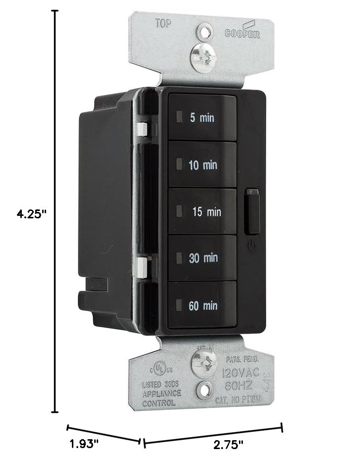 Eaton PT18M-BK 1800W 15 Amp 5-Button Digital Countdown Timer with Off Switch - Single-Pole Wall Timer for Home, Office, and Workshop (Black)