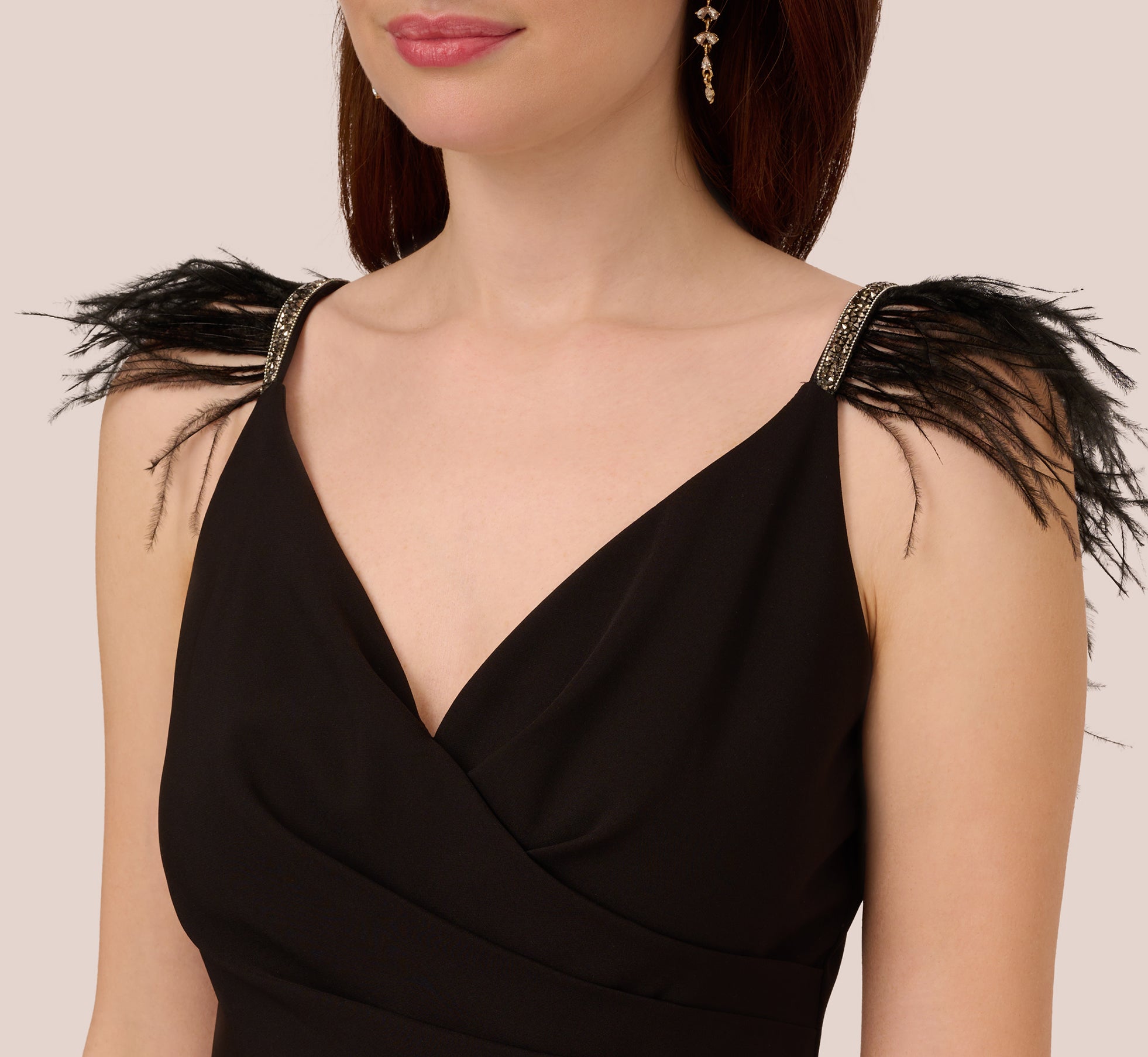 Black Crepe Wide Leg Jumpsuit with Bead & Feather Accents - Elegant Boho Chic Outfit for Parties, Weddings & Special Occasions