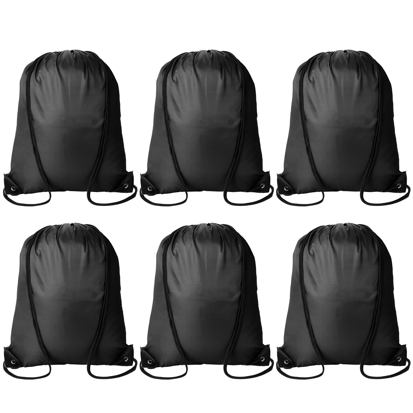 6 Pack Black Drawstring Backpacks - Lightweight Polyester Cinch Sack Bags for Sports, Gym, Travel & Parties - Bulk Storage Knapsacks for School, Beach & Outdoor Activities