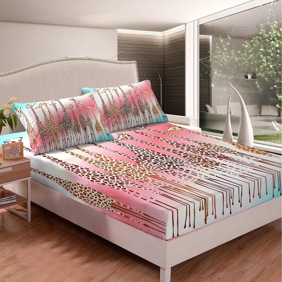 Feelyou Giraffe Print Fitted Sheet Set - Zoo Animal Theme Kids Bedding, Ombre Twin Size with Pillowcase - Lightweight Cartoon Safari Wildlife Bed Cover for Boys, Girls & Teens - Perfect for Nursery, Dorm Room or Wildlife Themed Bedroom Decor