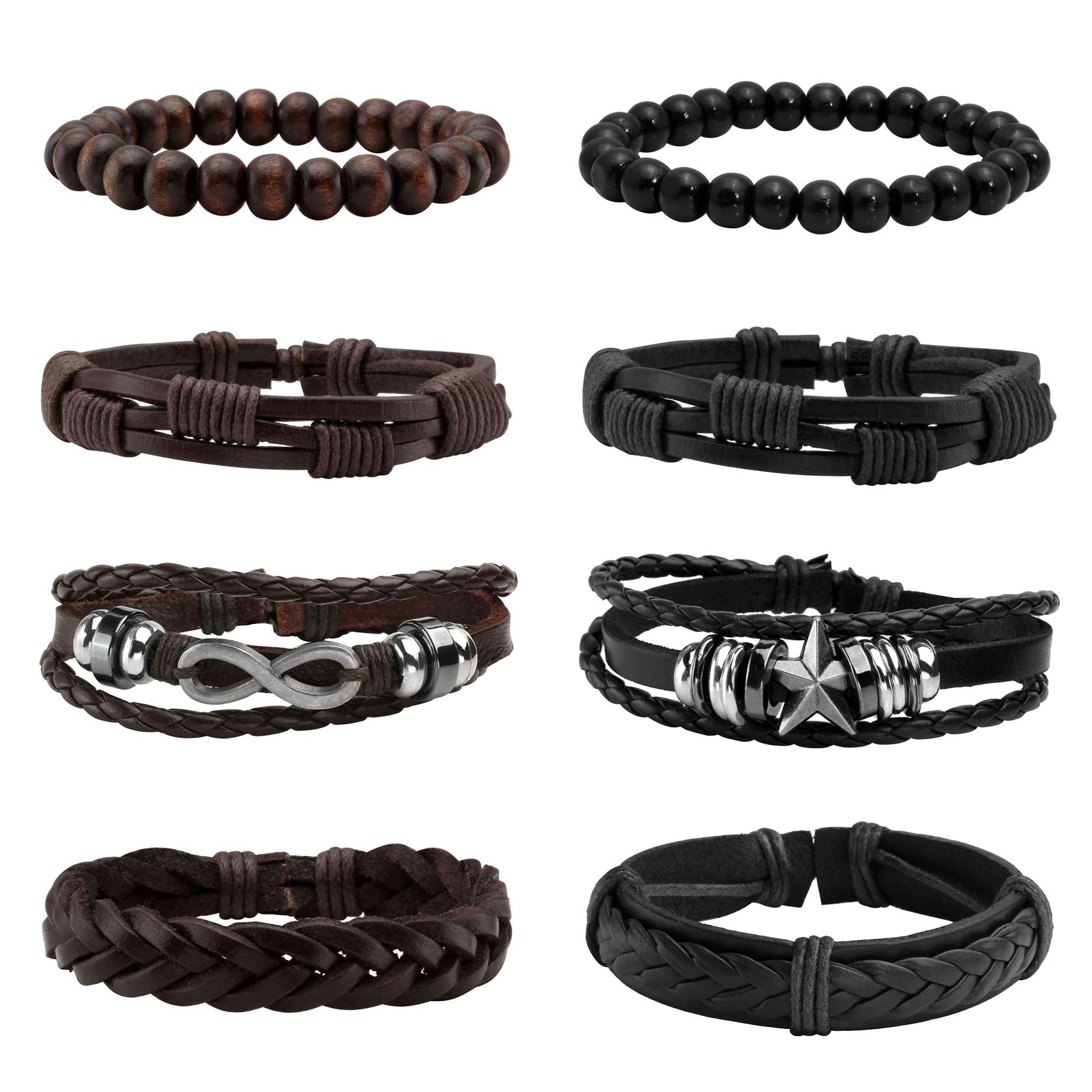 4-10 Pcs Adjustable Leather Bracelets Set for Women & Men - Braided Wooden Beads Wrap Cuff Cord - Boho Style Handmade Jewelry for Daily Wear, Gifts & Festival Fashion Accessories