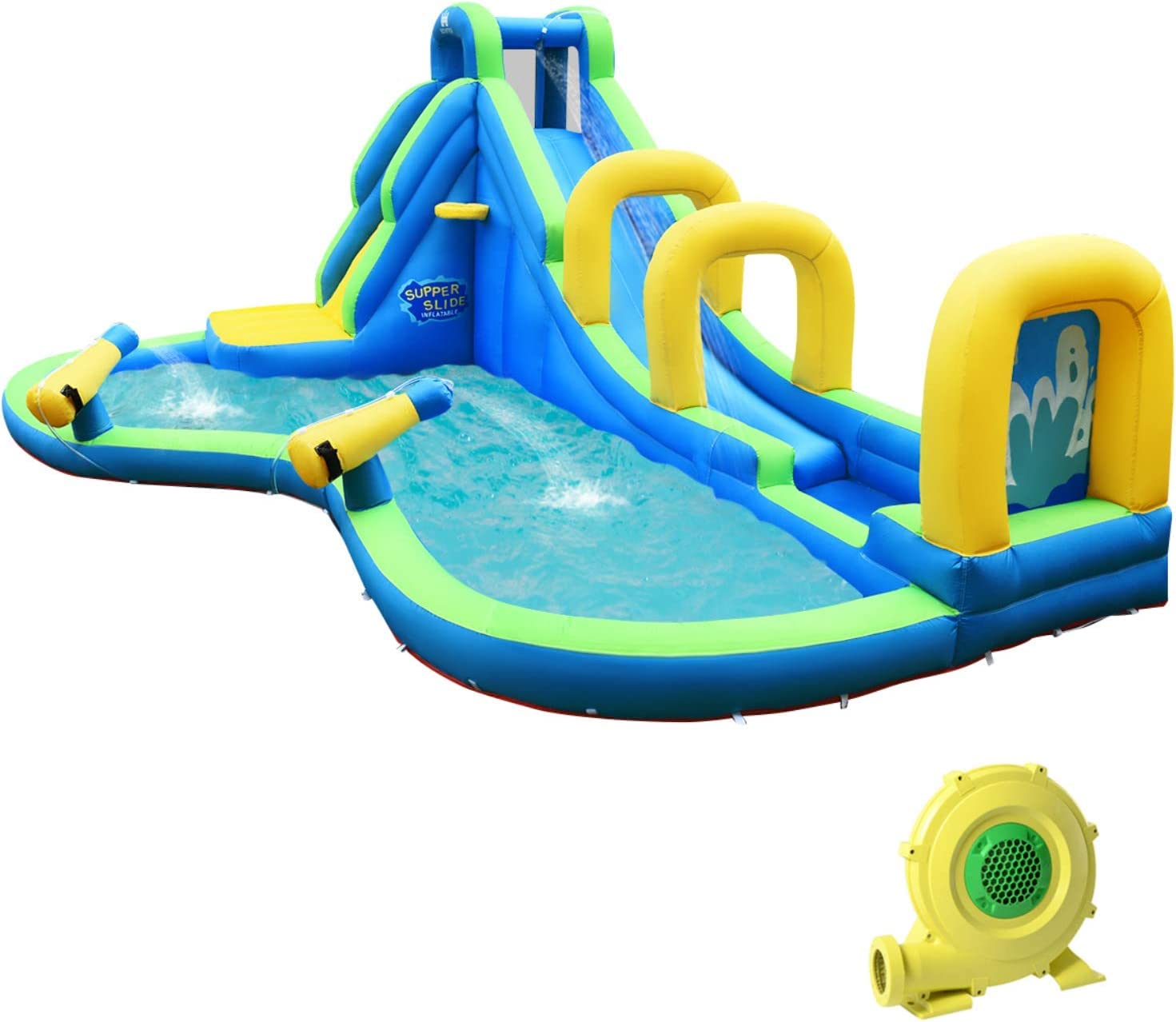 **HONEY JOY 5-in-1 Inflatable Water Slide Park with Water Cannons & Long Slide - Indoor/Outdoor Bouncy Castle for Kids & Adults - Backyard Summer Fun (Includes 735W Blower)**    **Perfect for backyard parties, family gatherings, summer celebrations, and outdoor water play!**