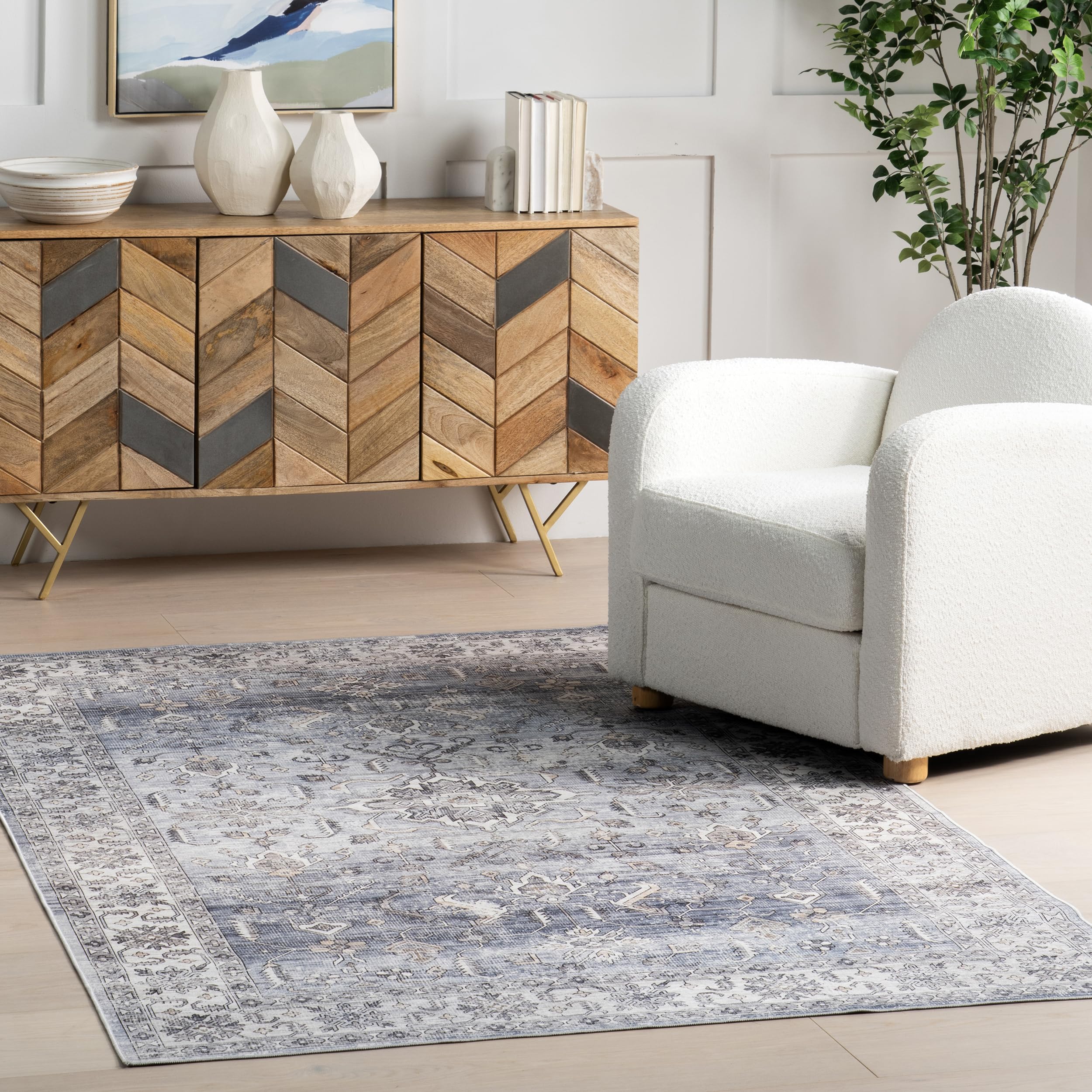 nuLOOM 5' x 8' Splashguard Machine Washable Area Rug - Waterproof, Non-Slip Backing, Stain Resistant - Perfect for Living Room, Bedroom, Kitchen & Dining Room - Britt Blue | Spill-Proof Floor Protection for High Traffic Areas & Pet-Friendly Homes
