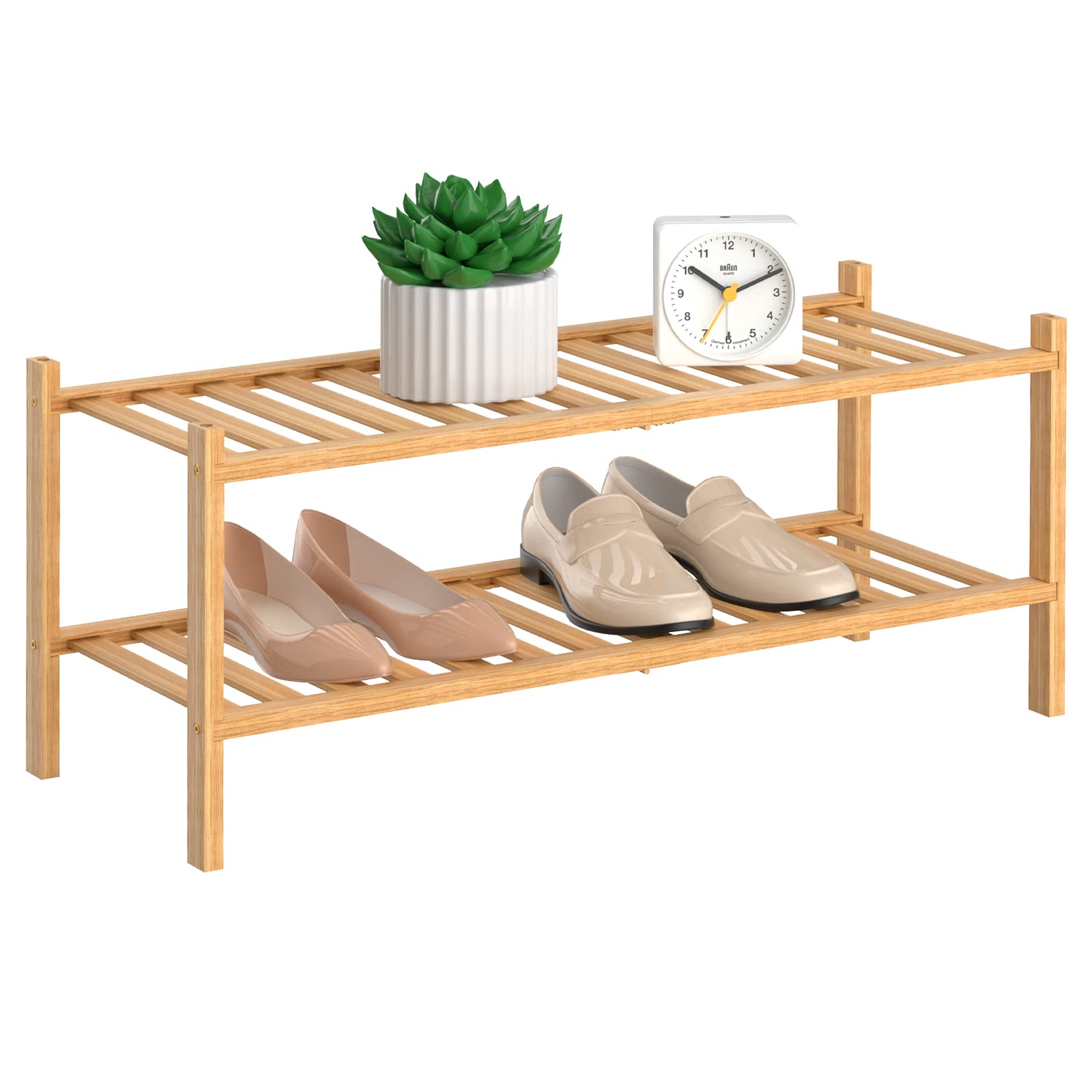 2 Tier Bamboo Shoe Rack Organizer - Free Standing Wooden Shoe Shelf for Closet & Entryway - Space Saving Stackable Storage Solution for Small Spaces - Perfect for Organizing Shoes, Bags & Accessories in Bedroom, Hallway or Mudroom