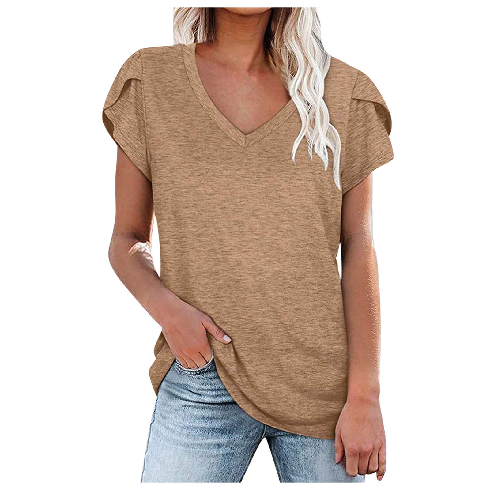 EKOUSN Plus Size Women's V-Neck T-Shirt - Summer Casual Blouse for Outdoor & Work