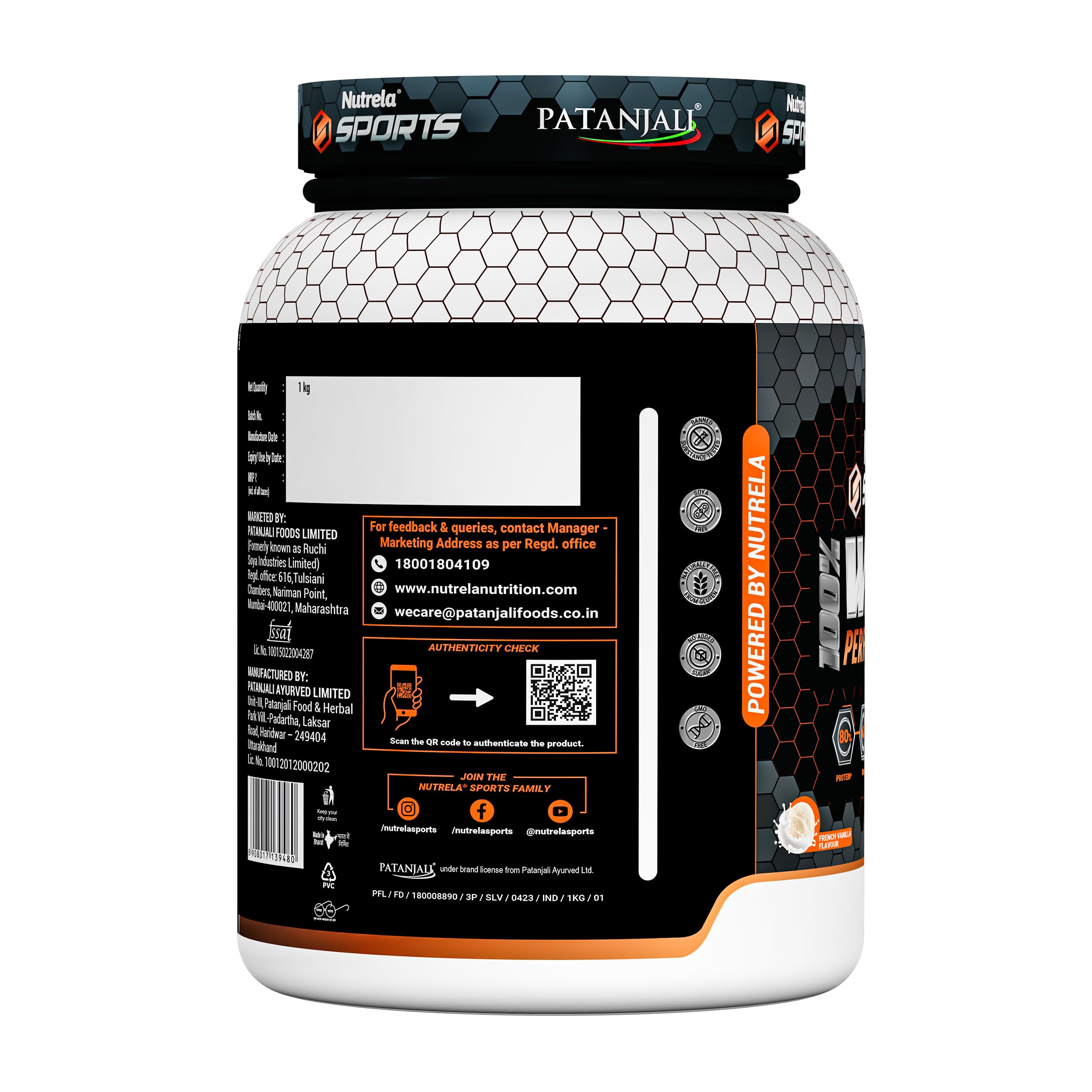 Patanjali NUTRELA Sports Whey Protein Powder Concentrate & Isolate - 1kg Vanilla Ice Cream Flavor | 24g Protein, 6.7g BCAA, 4.9g Glutamine with Digestive Enzymes | Post-Workout Recovery & Muscle Building Supplement for Athletes & Fitness Enthusiasts