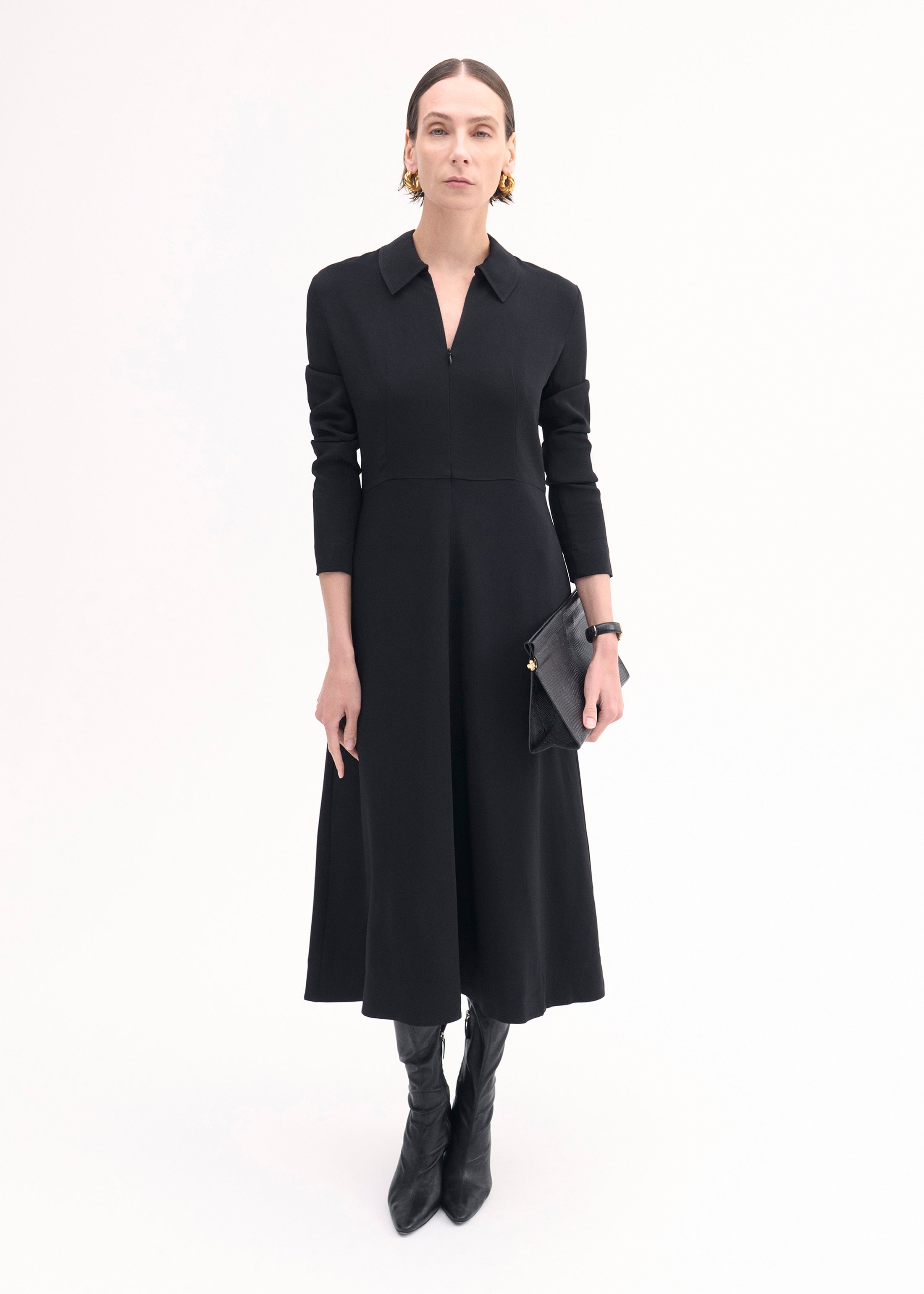 Elegant Black Crepe Long Sleeve Shirt Dress for Women - Perfect for Office Wear, Casual Outings & Special Occasions