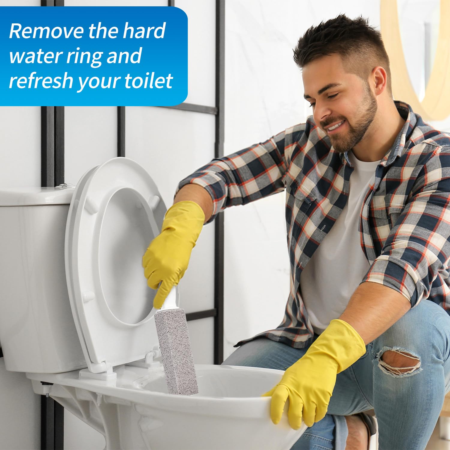4 Pack Pumice Stone for Toilet Bowl Cleaning - Heavy Duty Pumice Stick with Ergonomic Handle - Removes Limescale, Hard Water Rings, Calcium Buildup, Iron & Rust Stains - Bathroom Tile & Bathtub Cleaner - Perfect for Deep Cleaning and Stain Removal in Toilets, Sinks & Showers