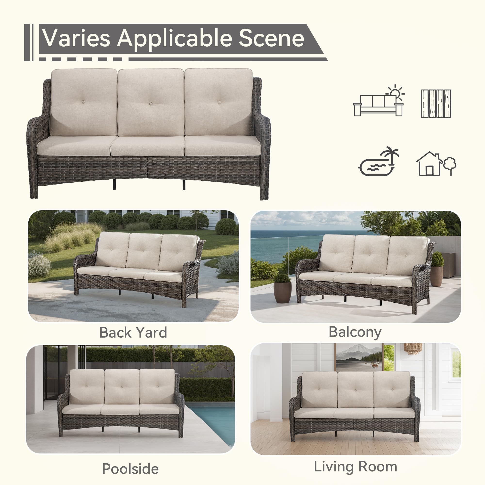 3-Seat Wicker Patio Sofa Set - Outdoor Deep Seating Couch with Comfortable Cushions, Beige - Perfect for Backyard, Garden, Poolside & Patio Relaxation