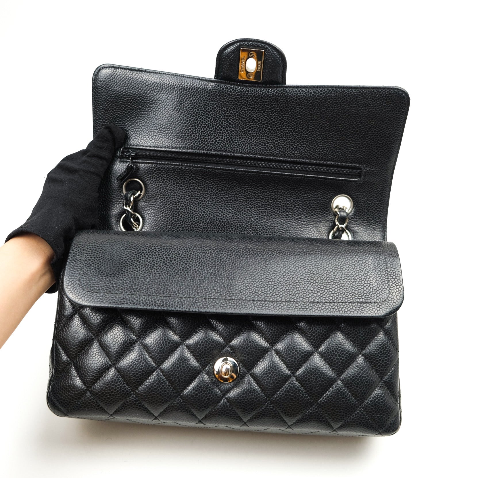 Chanel Classic Medium Double Flap Bag Black Caviar Leather with Silver Hardware - Luxury Shoulder Bag for Women, Perfect for Work, Parties & Special Occasions