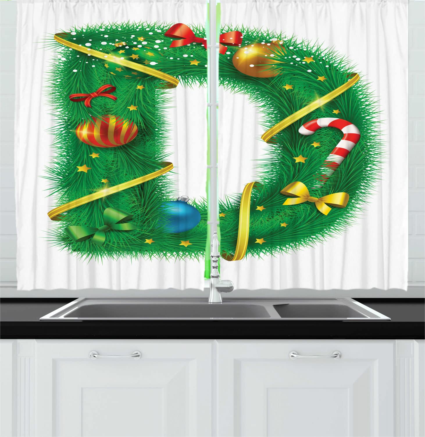 Ambesonne Christmas Alphabet Long Kitchen Curtains - Digital D Letter Illustration Print on White & Green Backdrop - 2 Panel Rod Pocket Drapes (55x45 inches) - Holiday Home Decor for Windows, Dining Room & Festive Seasonal Decorations