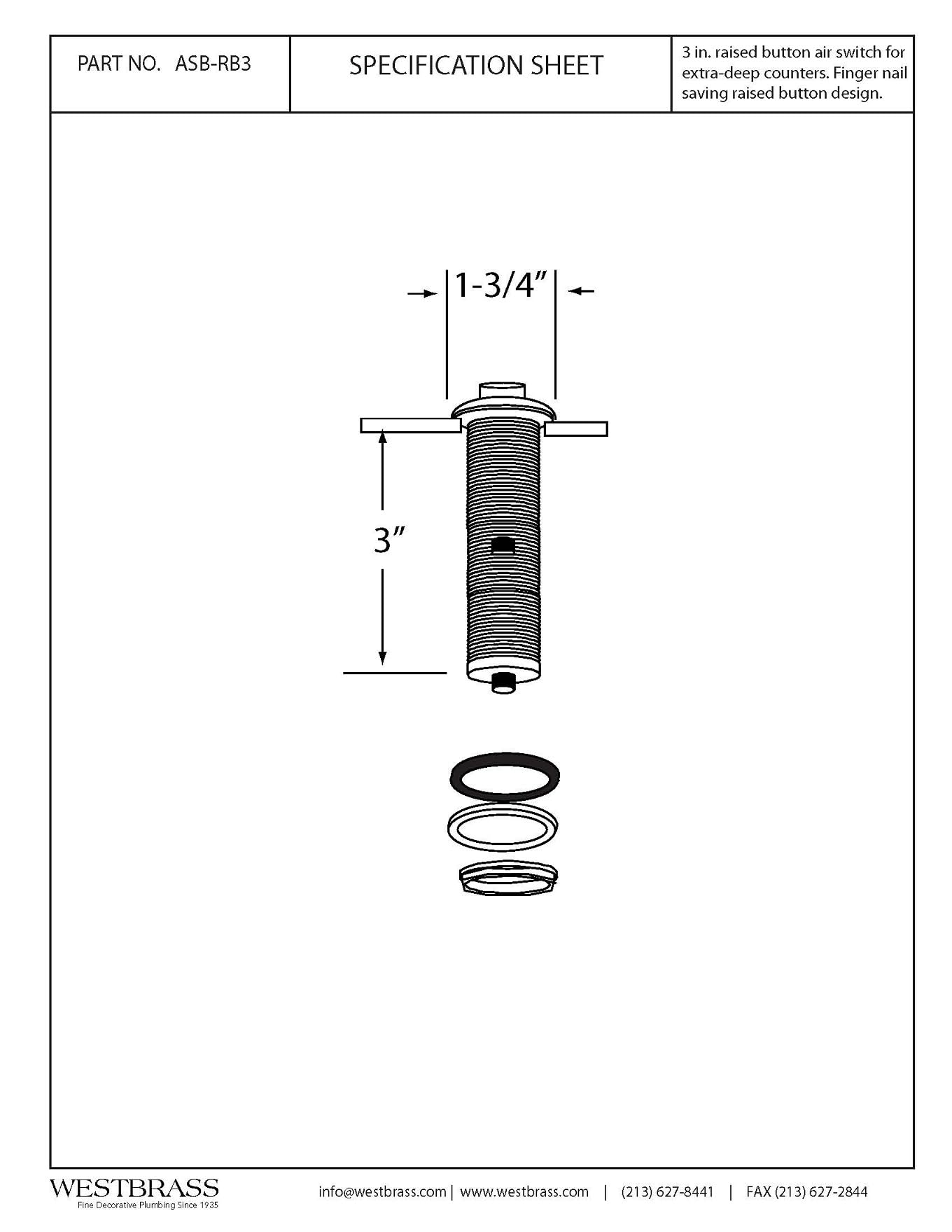 Westbrass ASB-RB3-26 Sink Top Waste Disposal Replacement Air Switch Trim Kit with Raised Button in Polished Chrome - Perfect for Kitchen Sink Garbage Disposal Systems