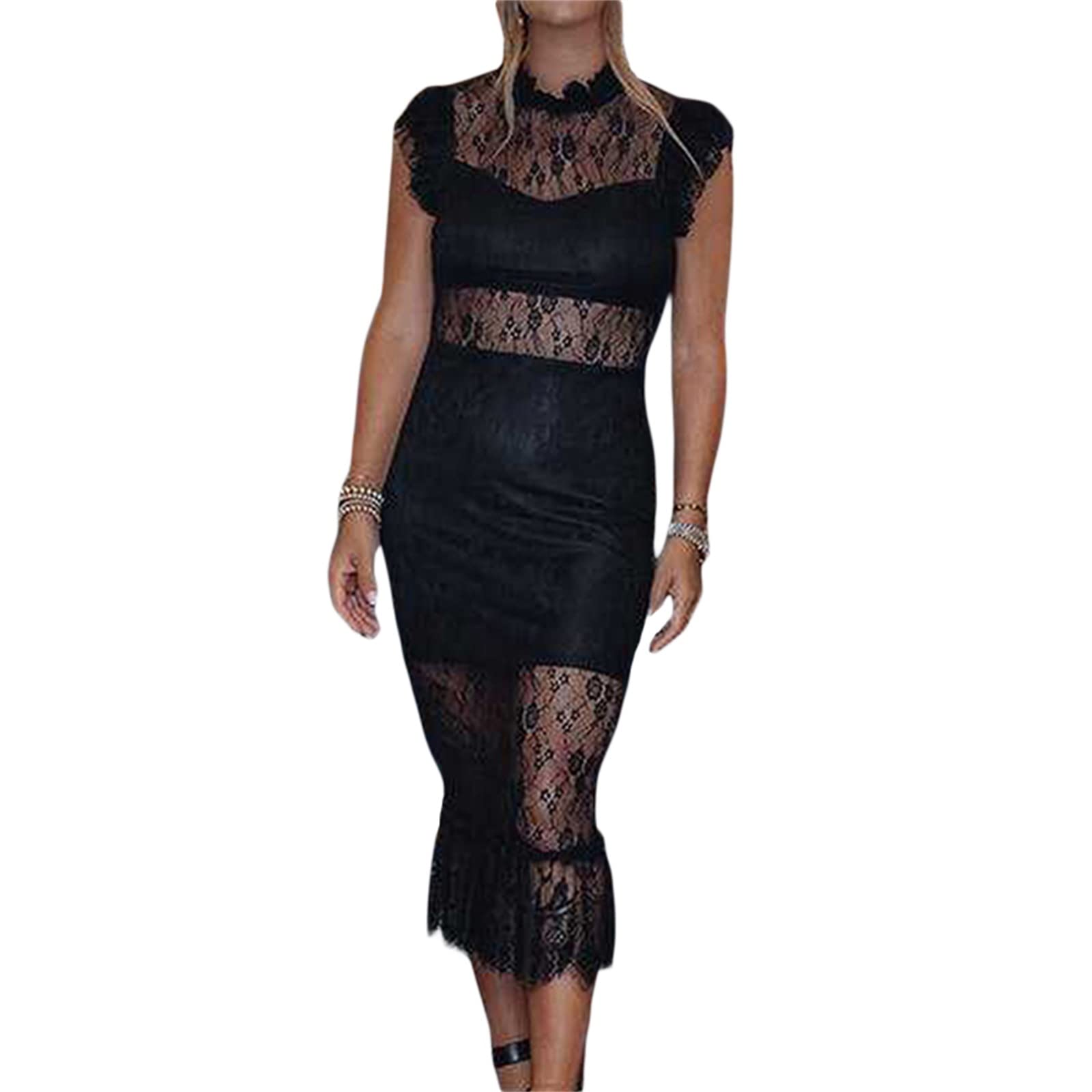Elegant Women's Lace Patchwork Midi Dress with Stand Collar & Ruffle Sleeves for Evening Cocktail Party | Perfect for Wedding Guest, Date Night & Special Occasions