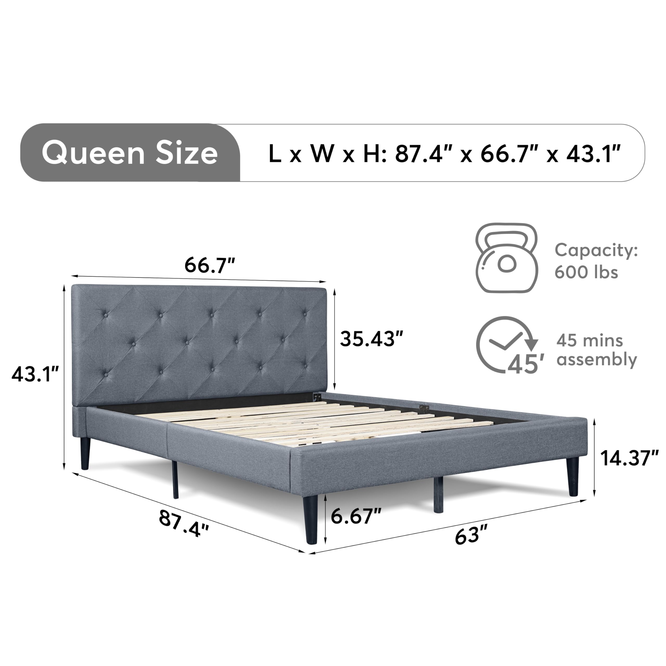 Camden Isle Monticello Queen Size Platform Bed Frame - Gray Wooden Bed with Sturdy Slat Support - Perfect for Modern Bedrooms & Guest Rooms