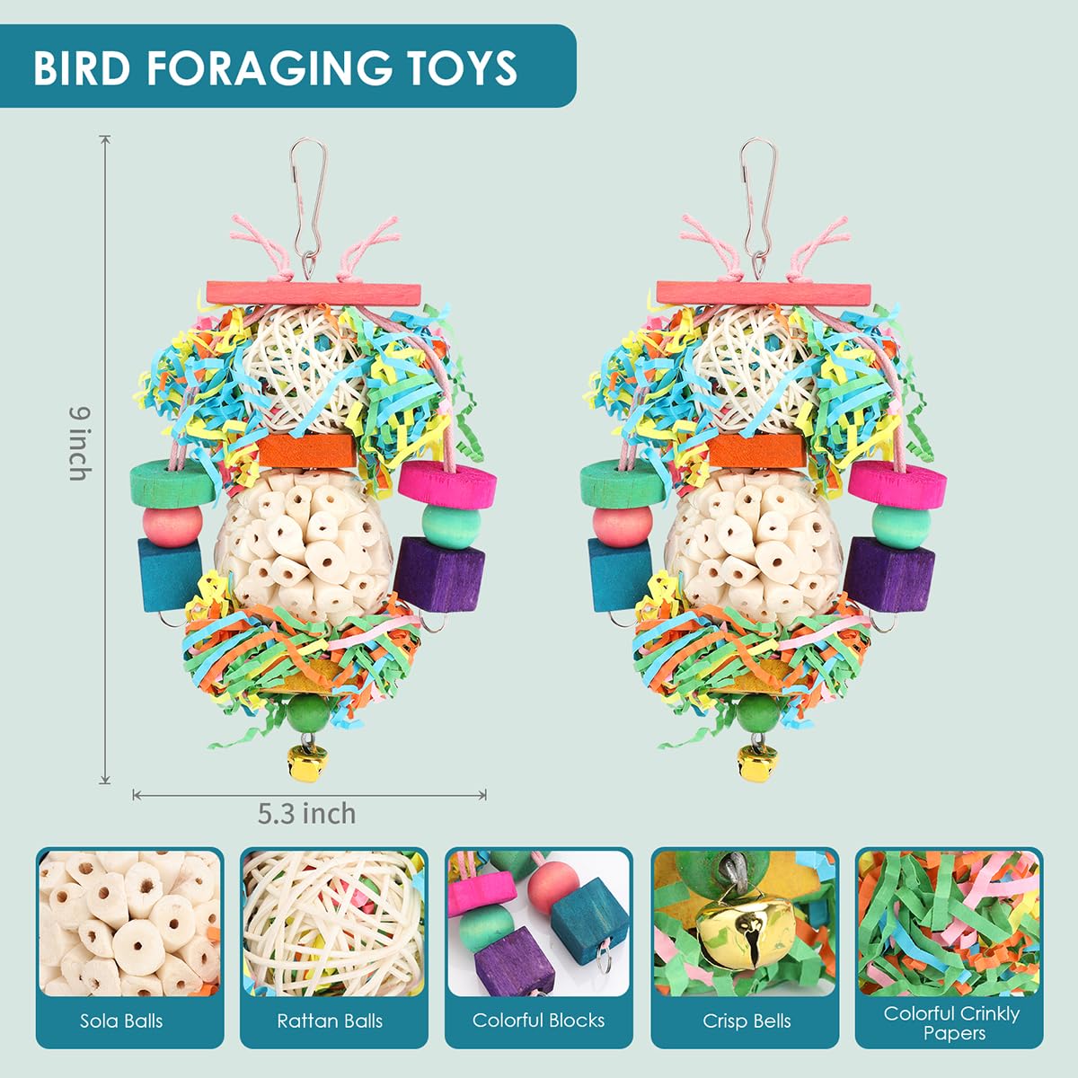 BBjinronjy 2PCS Natural Soft Sola Ball Bird Chew Toys - Hanging Foraging & Shredding Toys for Parrots, Cockatiels, Conures, Lovebirds, Parakeets, Budgies & Small Birds | Perfect for Cage Enrichment & Beak Exercise