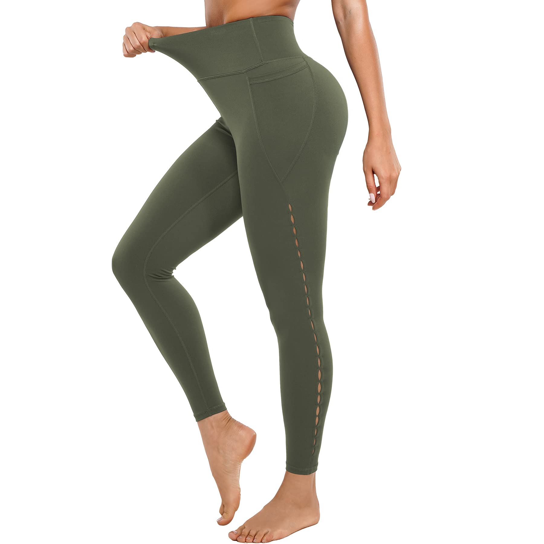 TrainingGirl Women's High Waist Yoga Pants with Pockets - Ripped Cutout Design Workout Running Tights for Gym & Athletic Wear | Perfect for Yoga, Running, Fitness & Casual Outfits