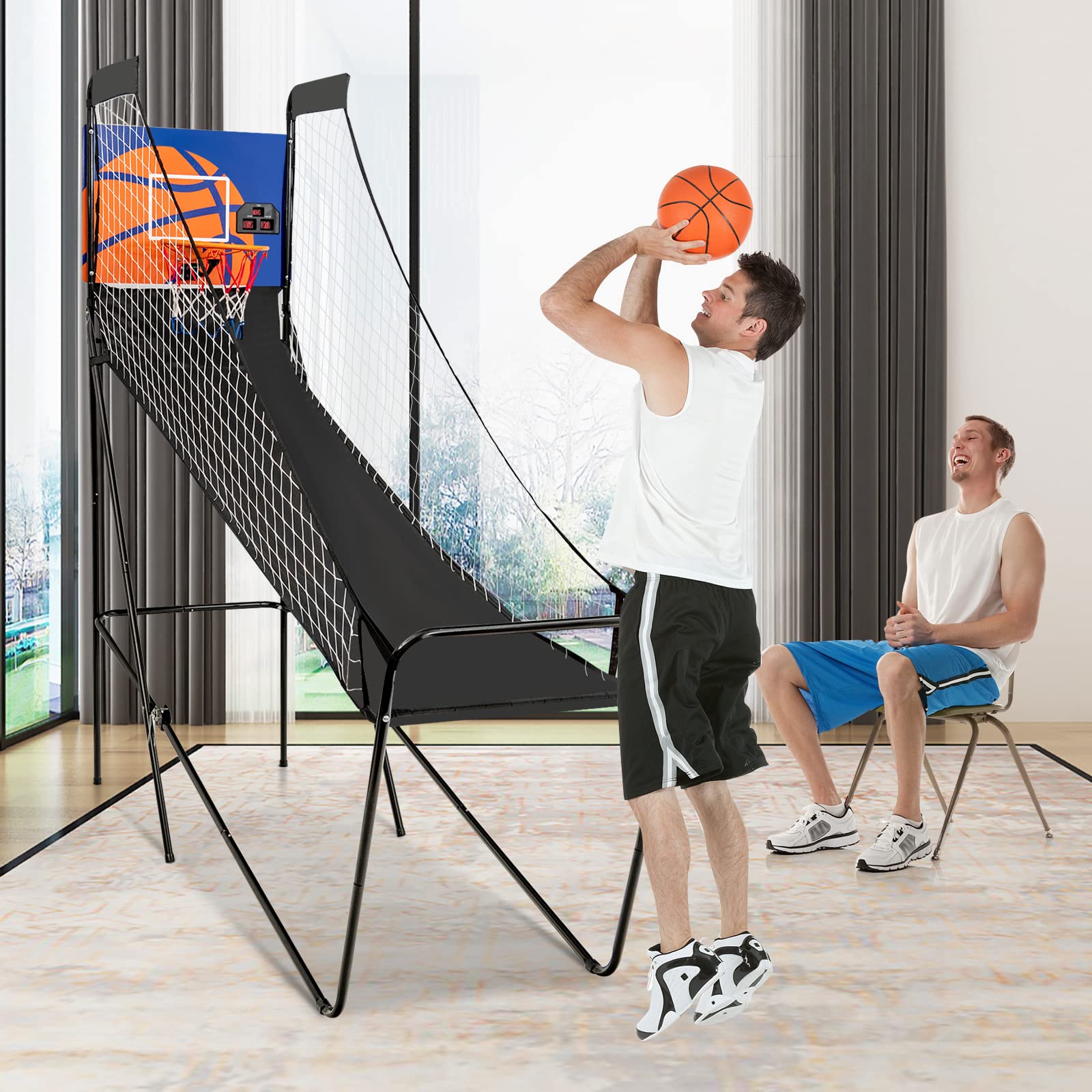 GYMAX Electronic Basketball Game with LED Scoreboard - Indoor Basketball Arcade Game for Kids & Adults, Includes 3 Basketballs & Air Pump, Foldable Design for Easy Storage - Perfect for Home Entertainment, Birthday Parties, and Office Break Rooms