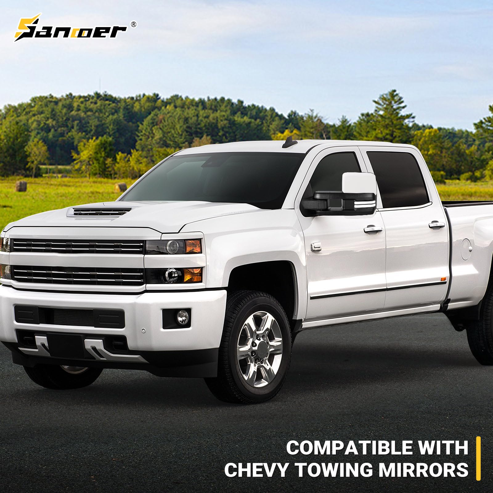 Sanooer Painted White Towing Mirrors with Dynamic Turn Signal & Heated Glass - Compatible with 2014-2018 Chevy Silverado & GMC Sierra Trucks - Perfect for Enhanced Visibility & Safe Towing