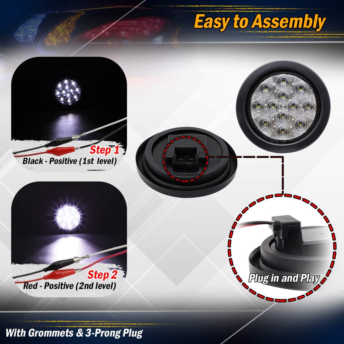 MADCATZ 4 Inch Round White LED Reverse Lights - 12 LED Backup Lamps for Trucks, Boats, Tractors, ATVs, RVs, Vans & Buses - Waterproof 12V DC Sealed Clearance Lights with Plugs & Grommets (Pack of 2) GA12 - Perfect for Nighttime Reversing, Off-Roading & Marine Applications