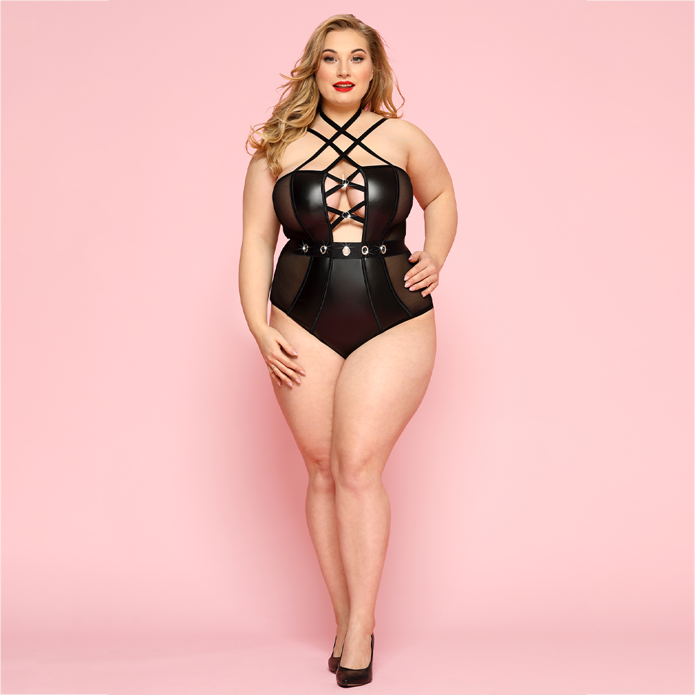 JSY Wet Look & Mesh Criss Cross Strappy Bodysuit for Women - Sexy Curvy Fit Lingerie for Date Night & Special Occasions