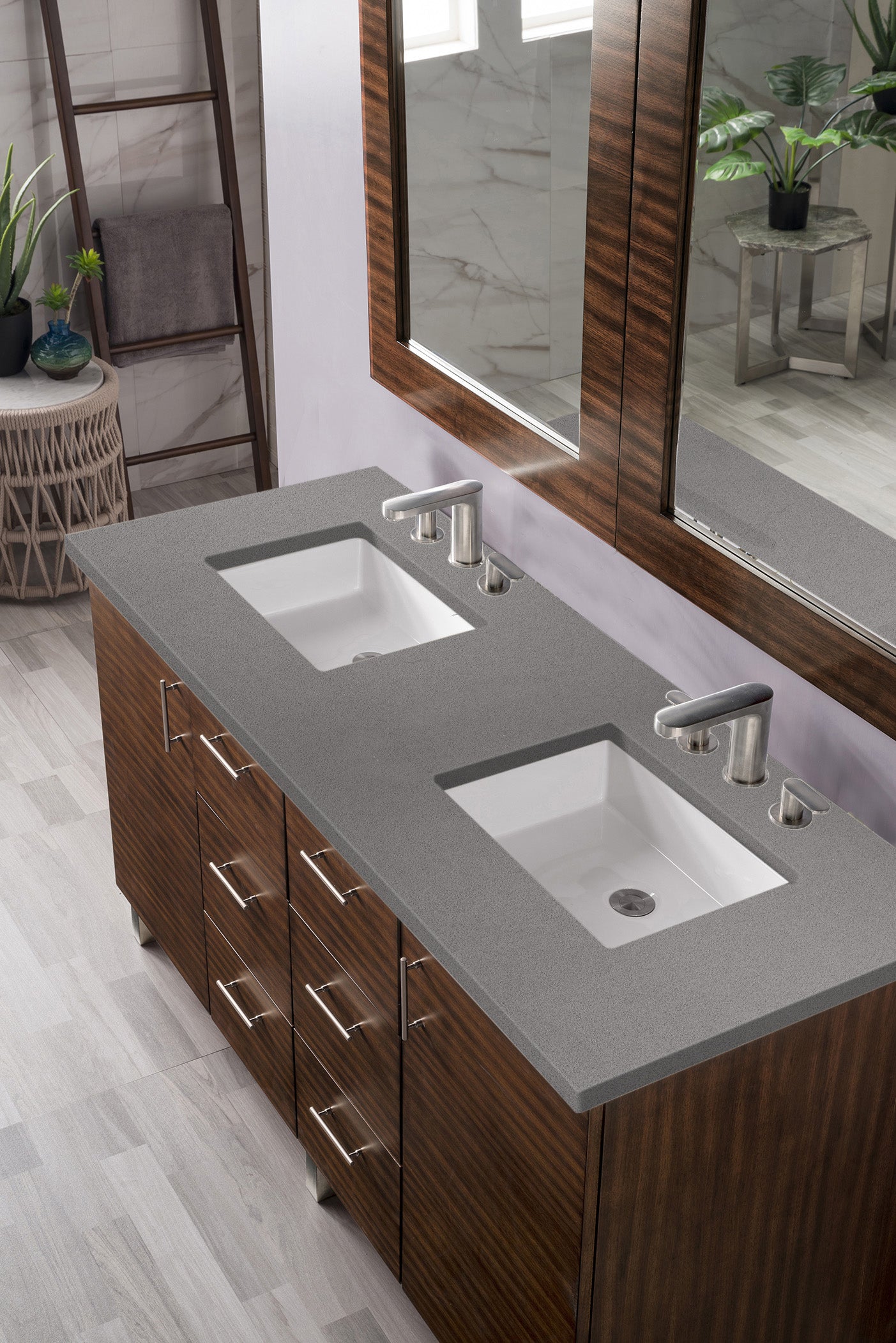 Metropolitan 60 Inch Double Bathroom Vanity with American Walnut Finish & 3CM Gray Expo Quartz Countertop - Perfect for Master Bathroom Renovation and Modern Home Decor