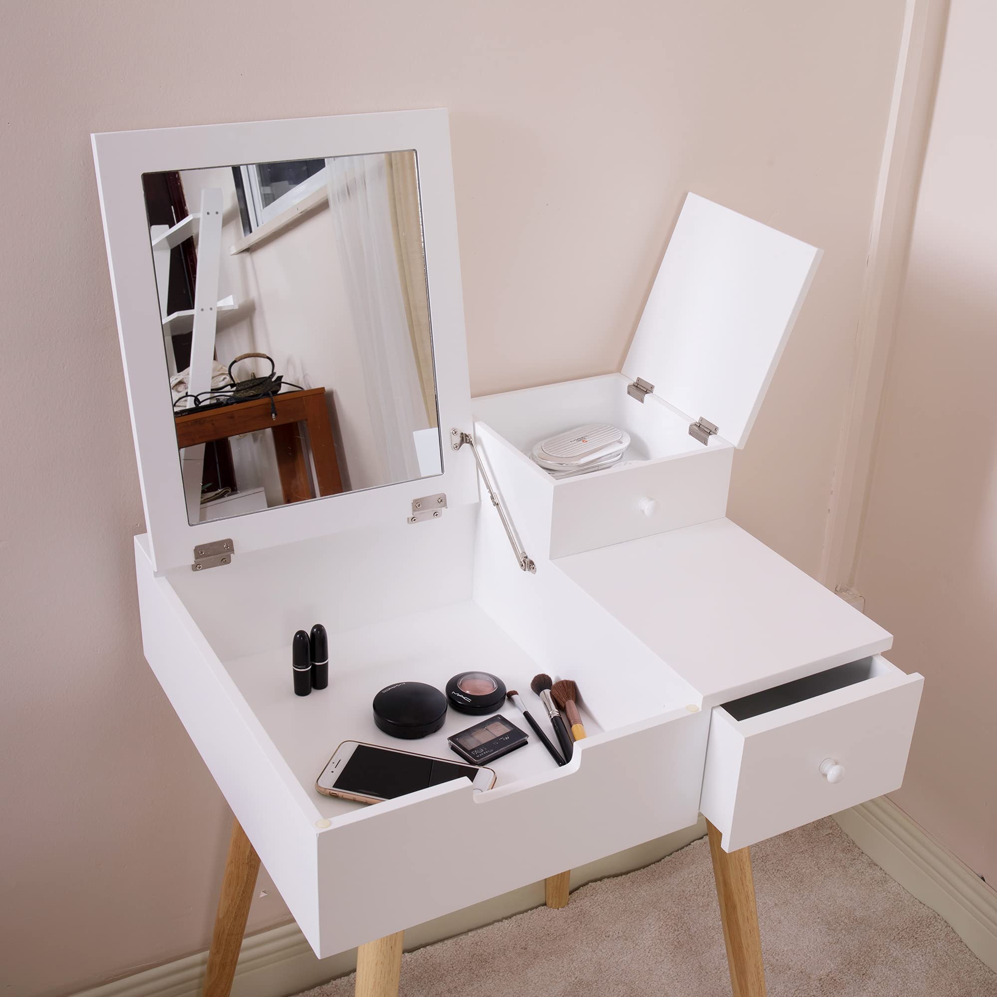 Modern White Makeup Vanity Table with Flip Top Mirror & 2 Drawers - HomVent Dressing Desk for Girls Bedroom (23.6