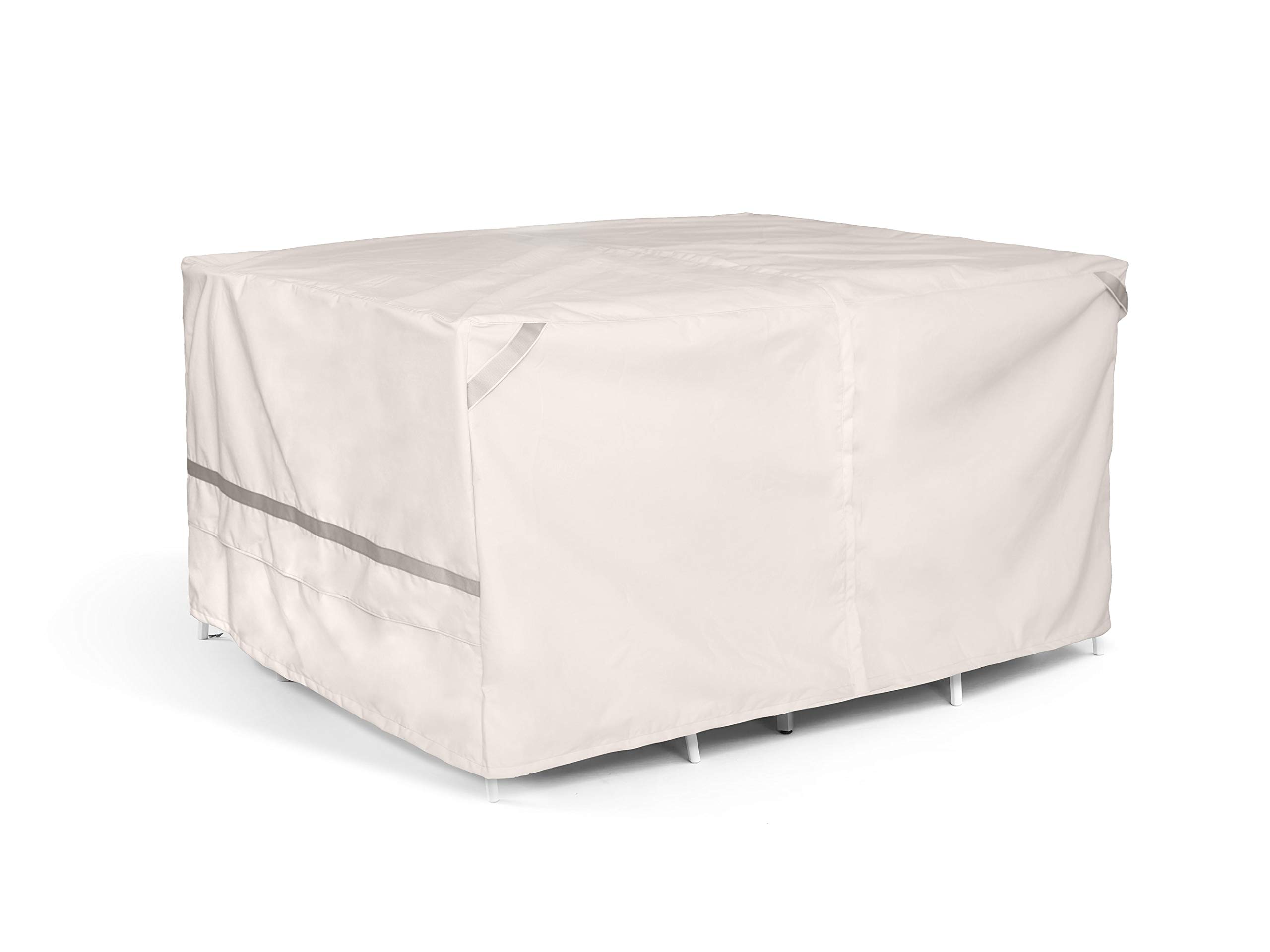 Premium Polyester Square Dining Table and Chair Set Cover - Weather Resistant, Drawcord Hem, Umbrella Hole - Outdoor Patio Furniture Protection for All Seasons (Stone Color)