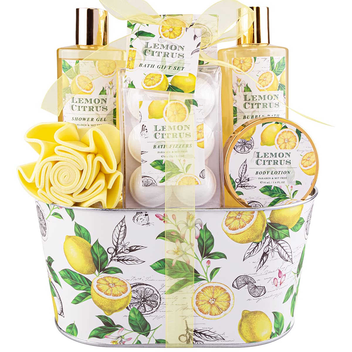 Lemon Citrus Spa Gift Set for Women - 8 Piece Bath & Body Care Kit with Shower Gel, Bubble Bath, Body Lotion & Bath Fizzies | Perfect Birthday Gift for Her, Relaxing Self-Care & Spa Night at Home