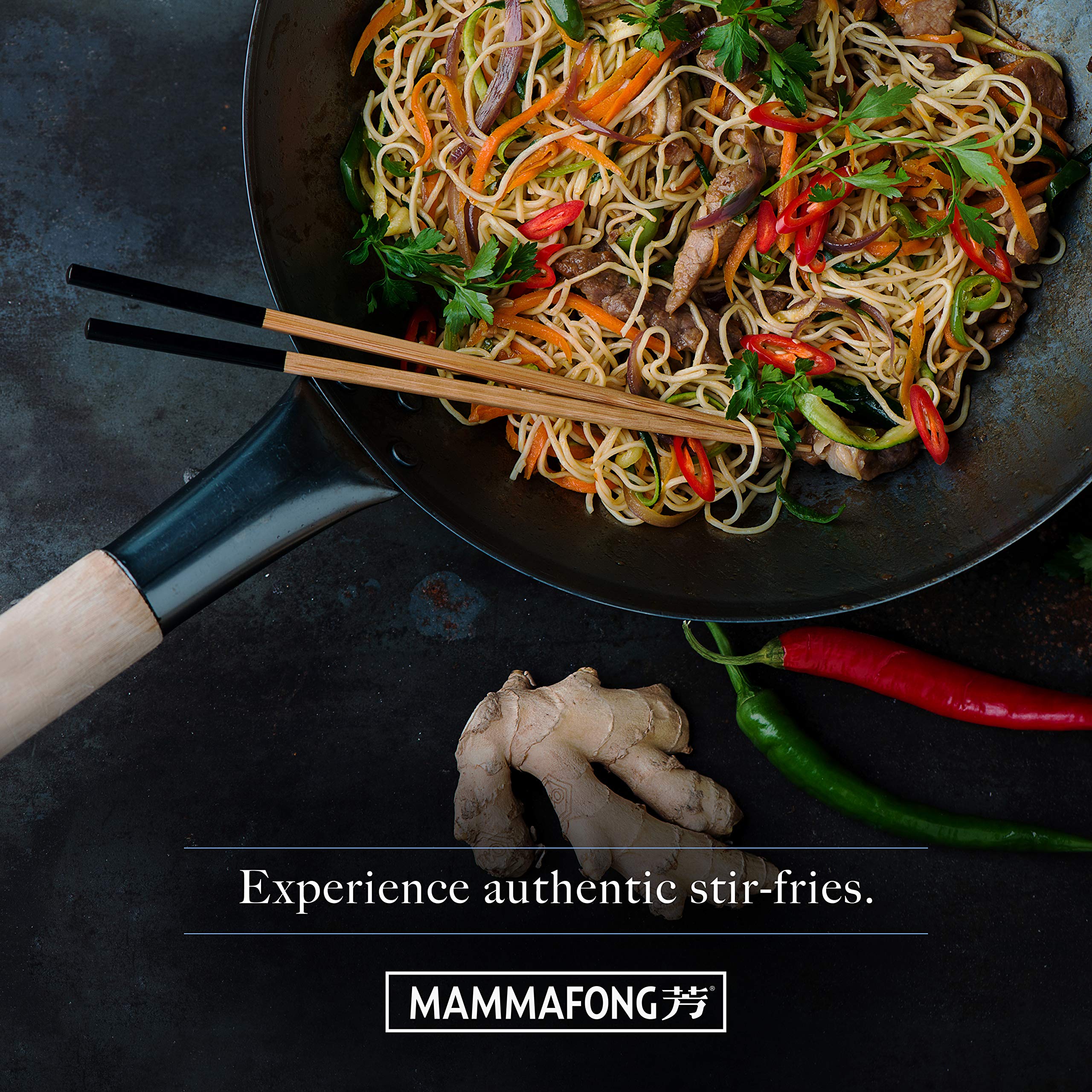 14 Inch Mammafong Pre-Seasoned Blue Carbon Steel Wok - Traditional Hand-Hammered Flat Bottom Stir Fry Pan for Chinese Cooking | Perfect for Searing, Stir-Frying & Deep Frying in Home Kitchens