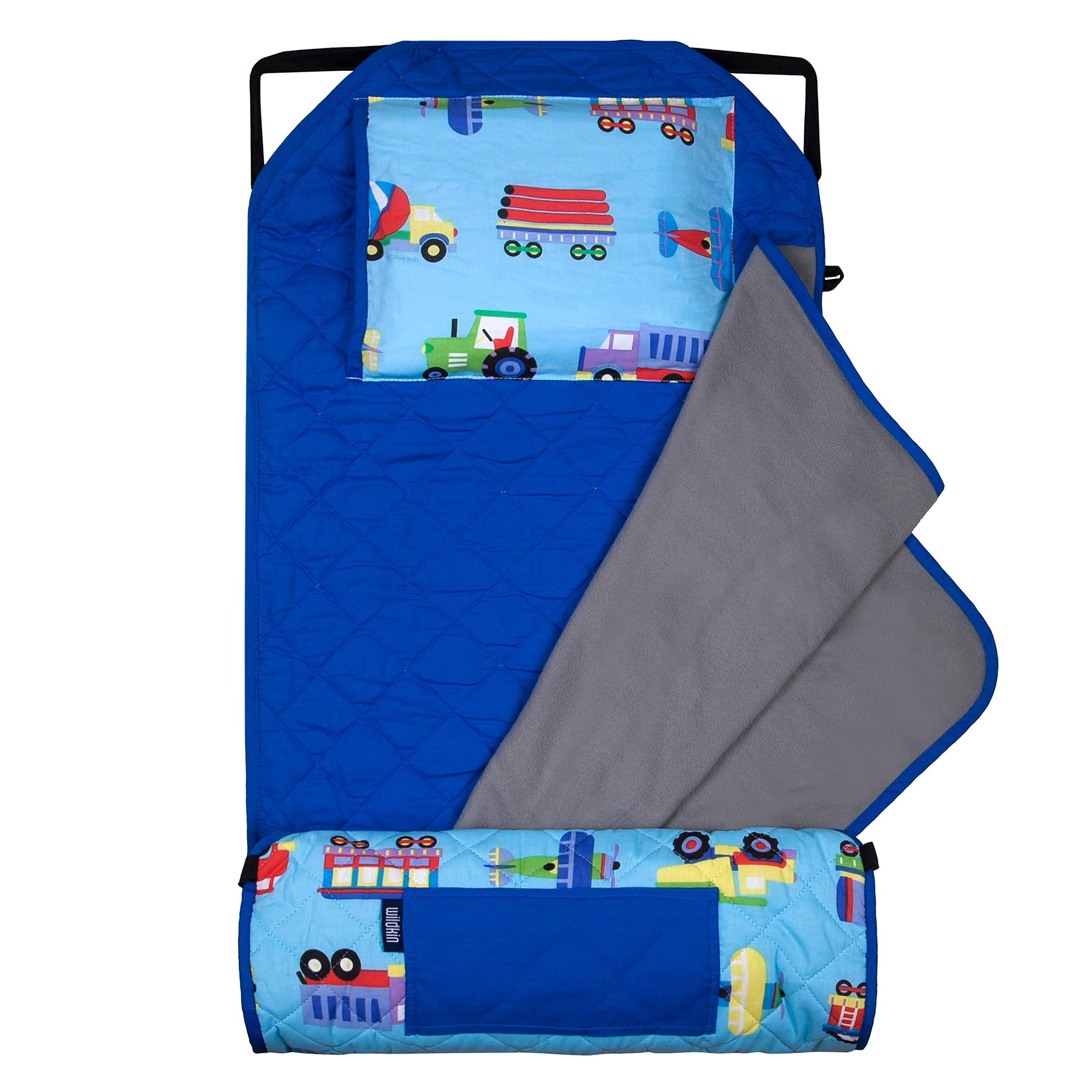 Wildkin 12 Inch Kids Backpack with Modern Nap Mat - Trains, Planes & Trucks Design for Boys & Girls | Perfect for Preschool, Daycare, Travel & Sleepovers