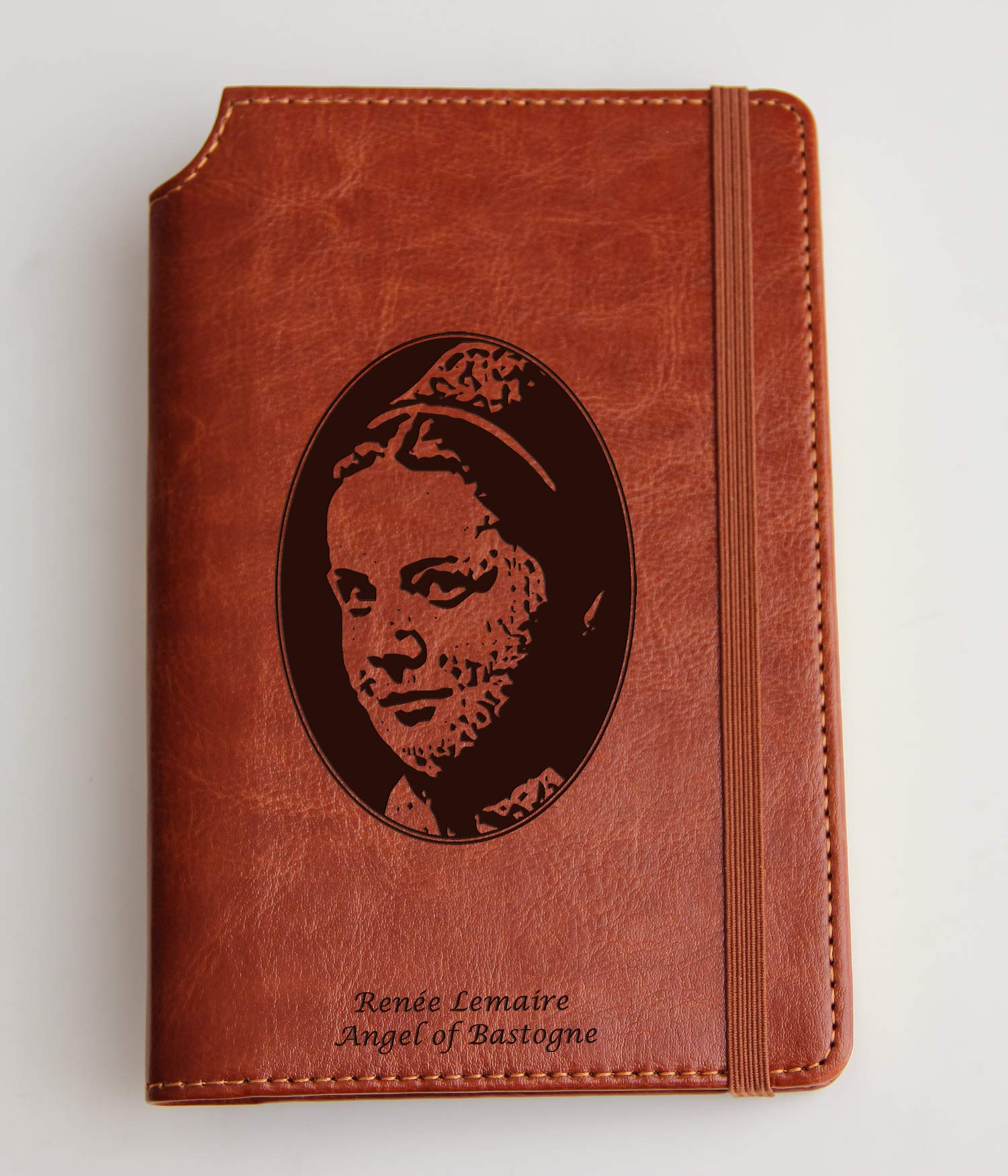 Renée Lemaire Angel of Bastogne Custom Engraved Leather Journal - Personalized Notebook with Matching Color Closure Strip - Perfect for Writing, Sketching & Gift Giving