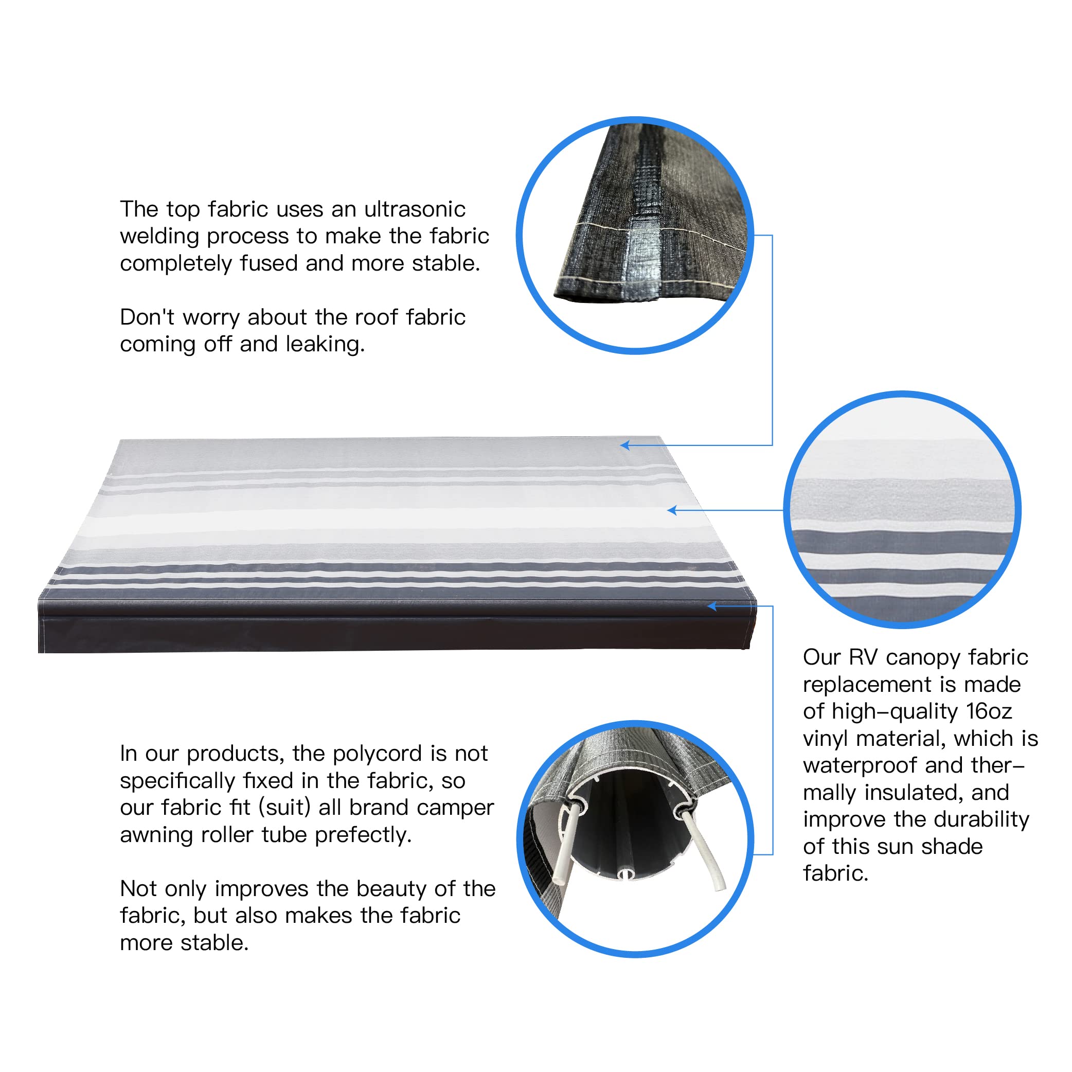 Waterproof RV Awning Replacement Fabric - UV Resistant Vinyl Shade Screen for Camping & Outdoor Shelter, Universal Fit Sun Blocker Canopy (13' Charcoal Fade, Fabric 12'2